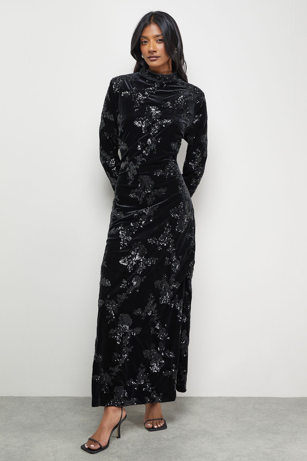 Warehouse Velvet Sequin High Neck Backless Midaxi Dress Silver image 4