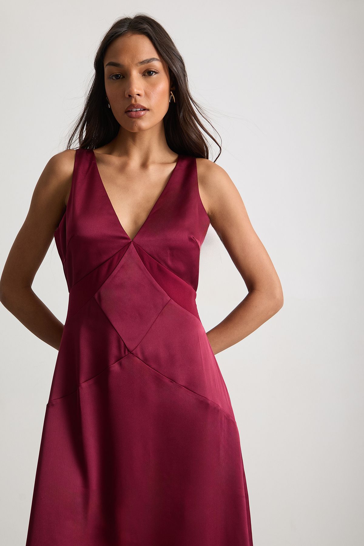 Warehouse Satin And Chiffon Mix Midaxi Dress Cherry image 2