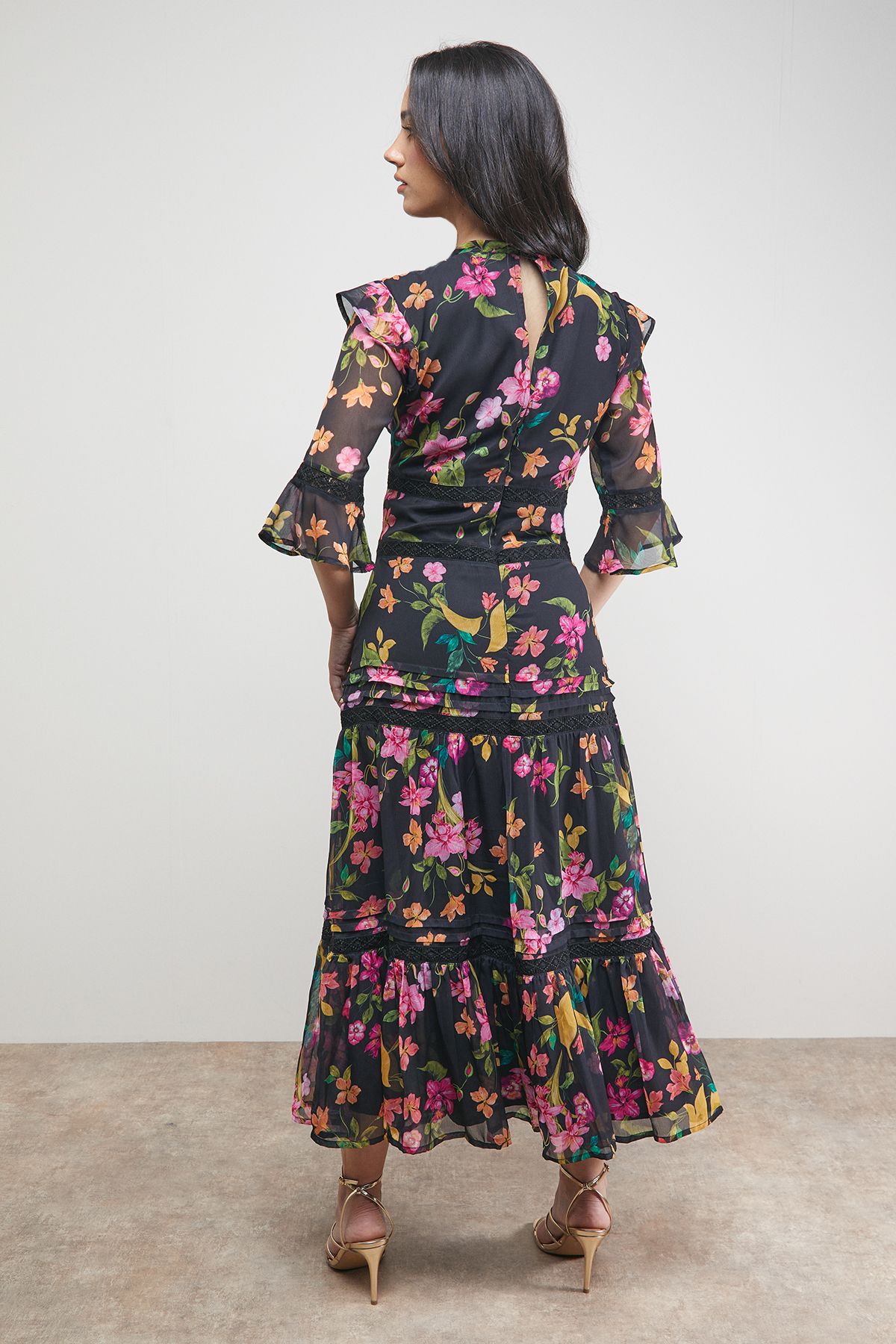 Oasis Chiffon Lace Insert Midi Dress Floral image 3