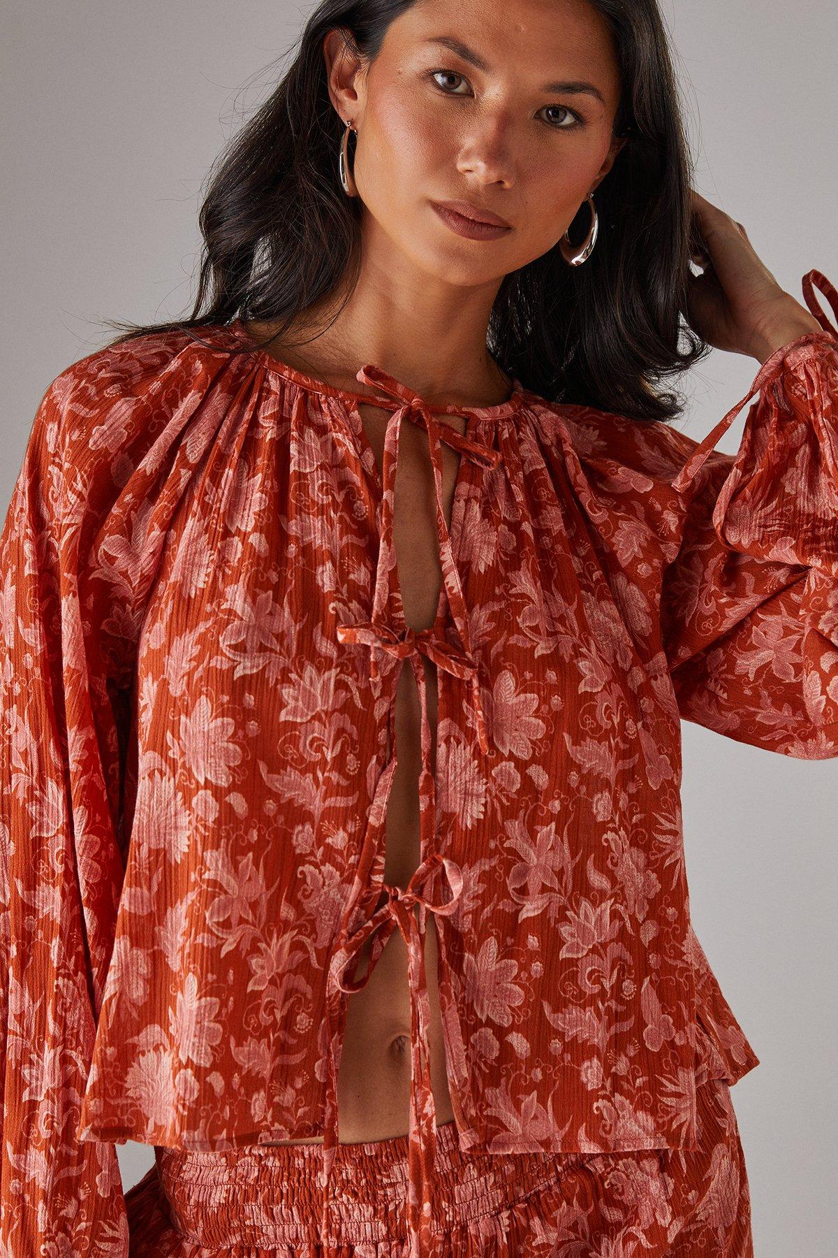 Warehouse Cheesecloth Tie Front Boho Blouse Floral image 2