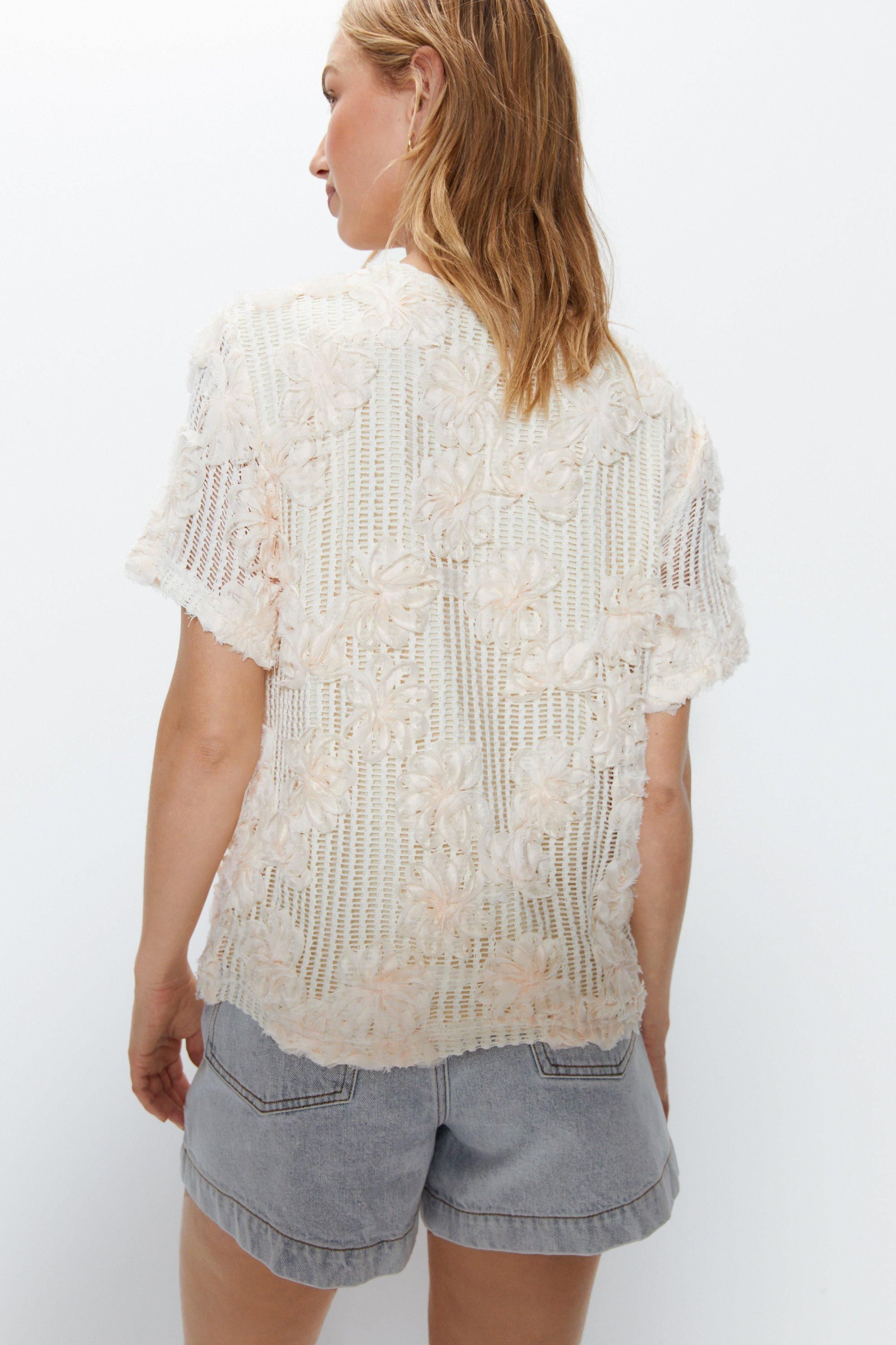 Warehouse Floral Embellished Detail T-shirt Ecru image 4