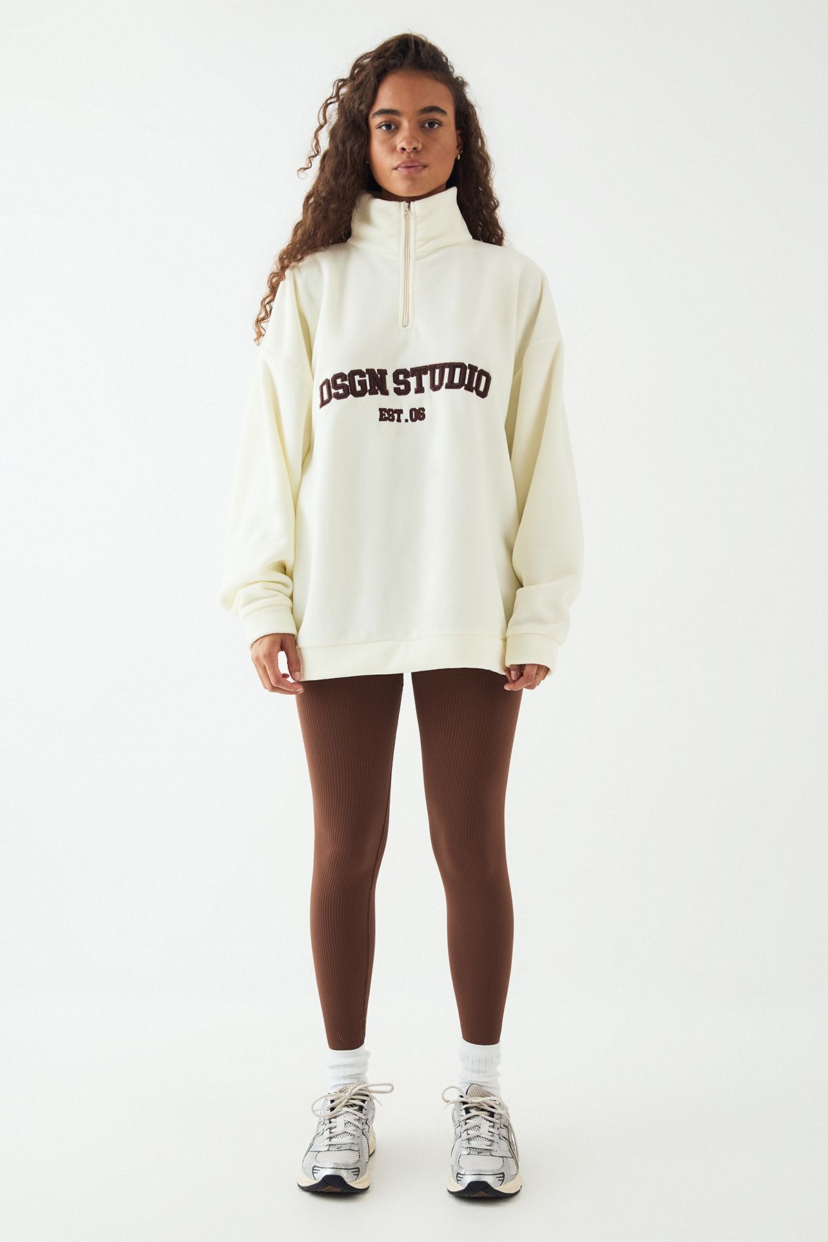 DSGN Studio DSGN Studio Slogan Embroidered Half Zip Oversized Polar Fleece Sweatshirt Cream image 5