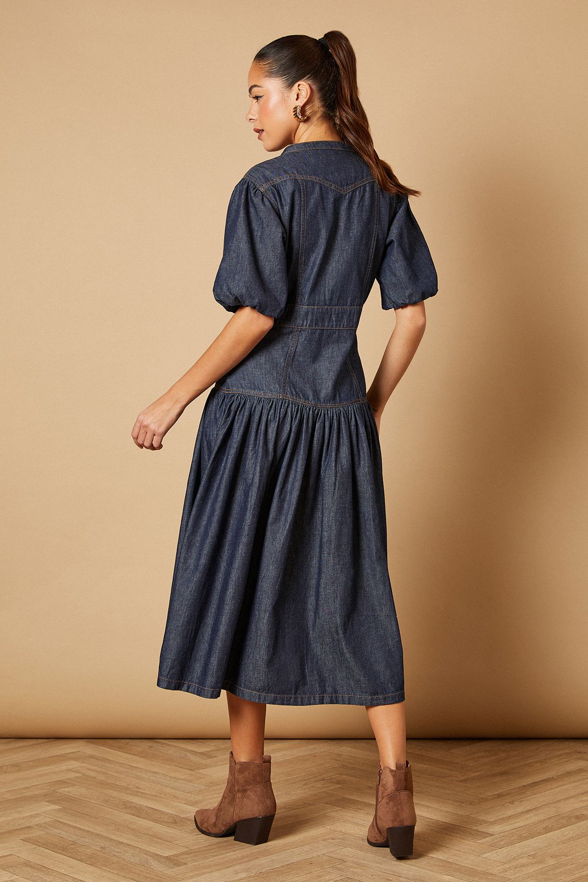 Oasis Drop Waist Button Up Denim Midi Dress Dark Wash image 4