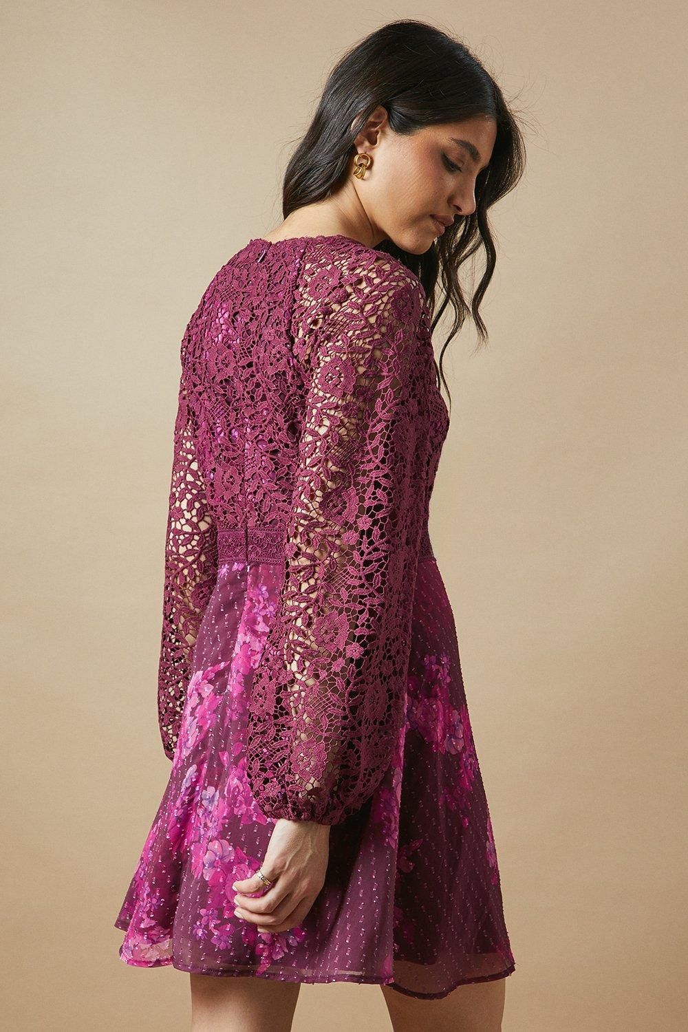 Oasis Occasion Floral Lace Bodice Mini Dress Berry image 3