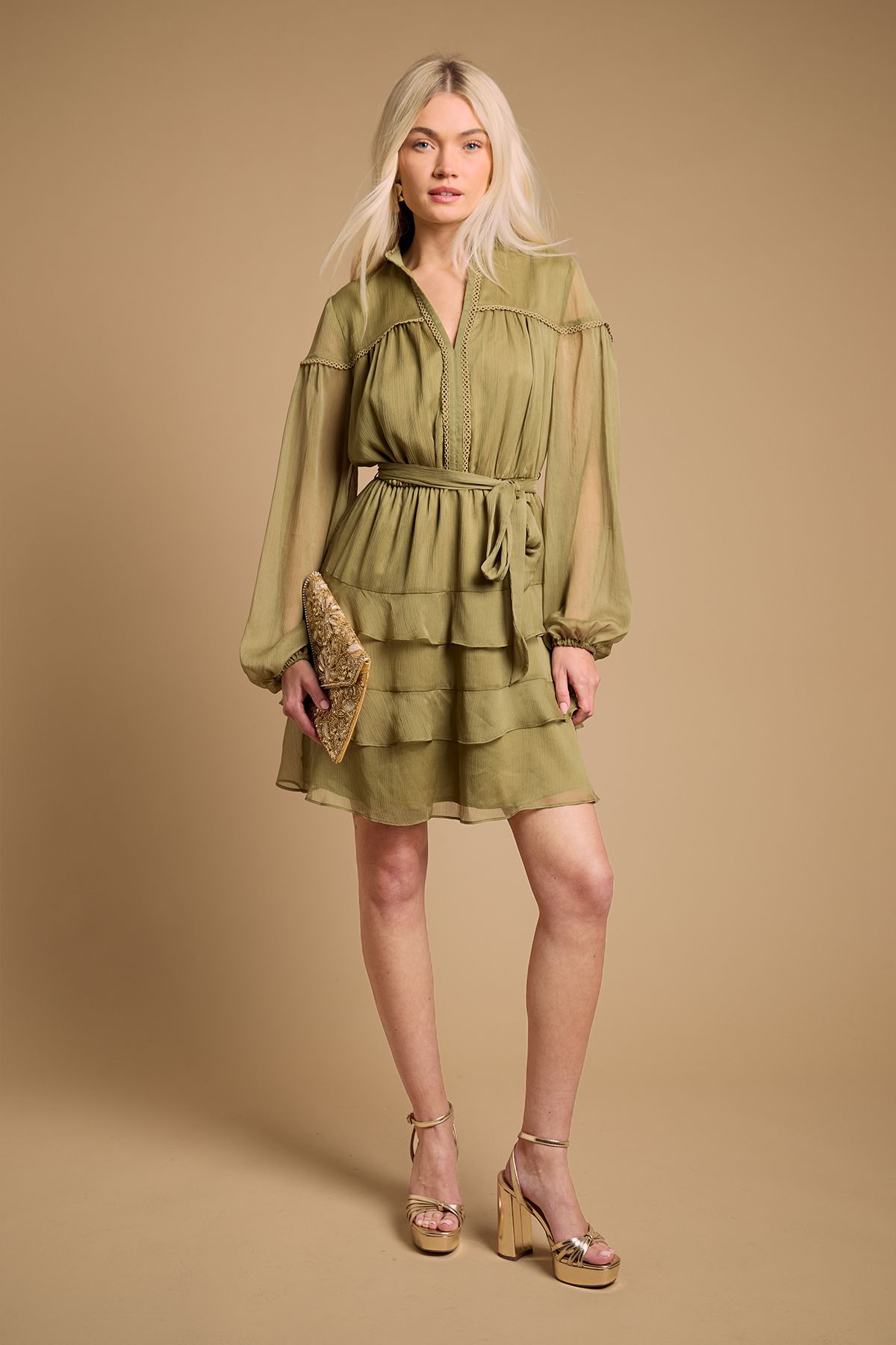 Oasis Contrast Tiered Mini Dress Olive