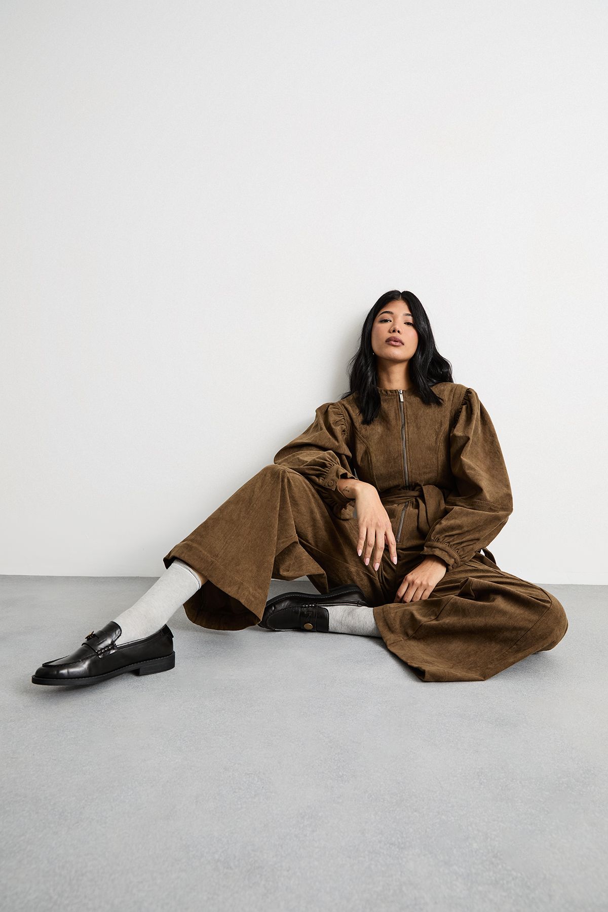 Warehouse Cord Zip Through Belted Jumpsuit Chocolate image 2