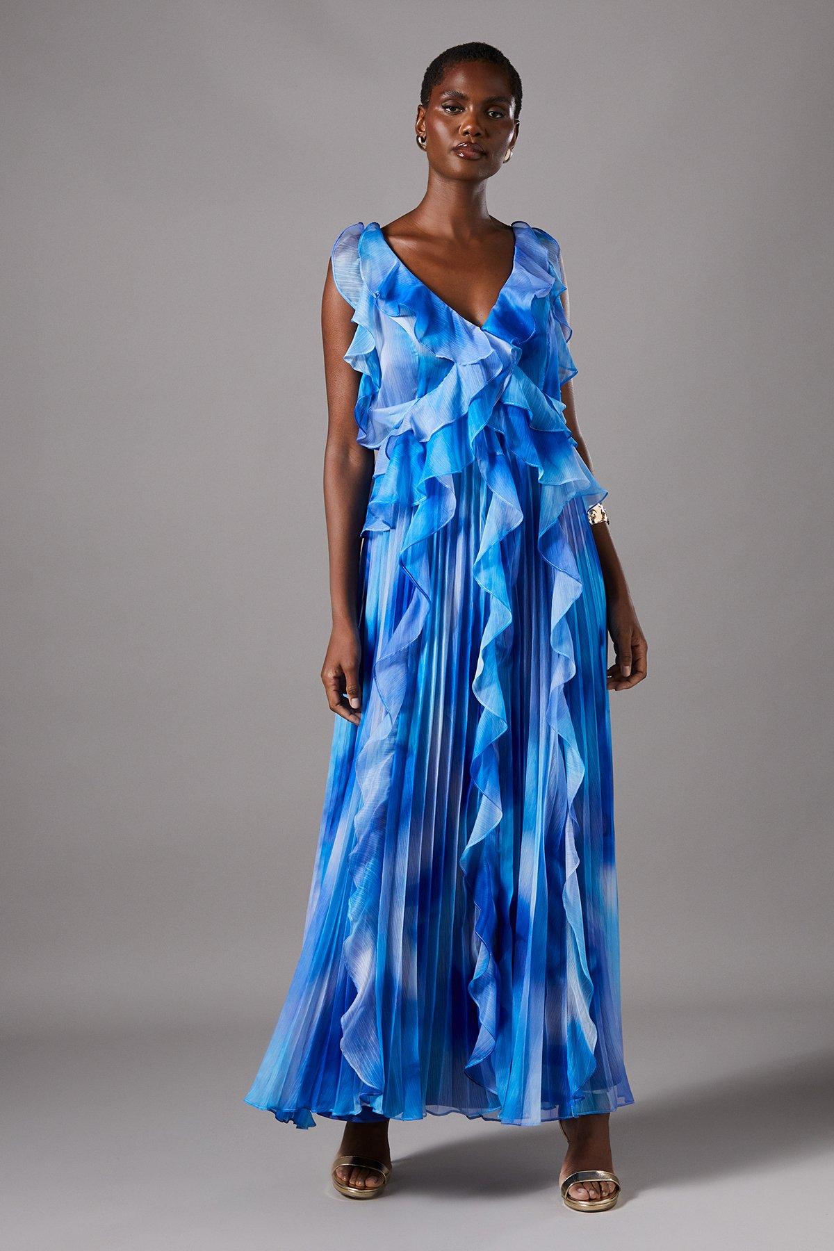 Coast Blue Sleeveless V Neck Chiffon Frill Maxi Holiday Dress PLT