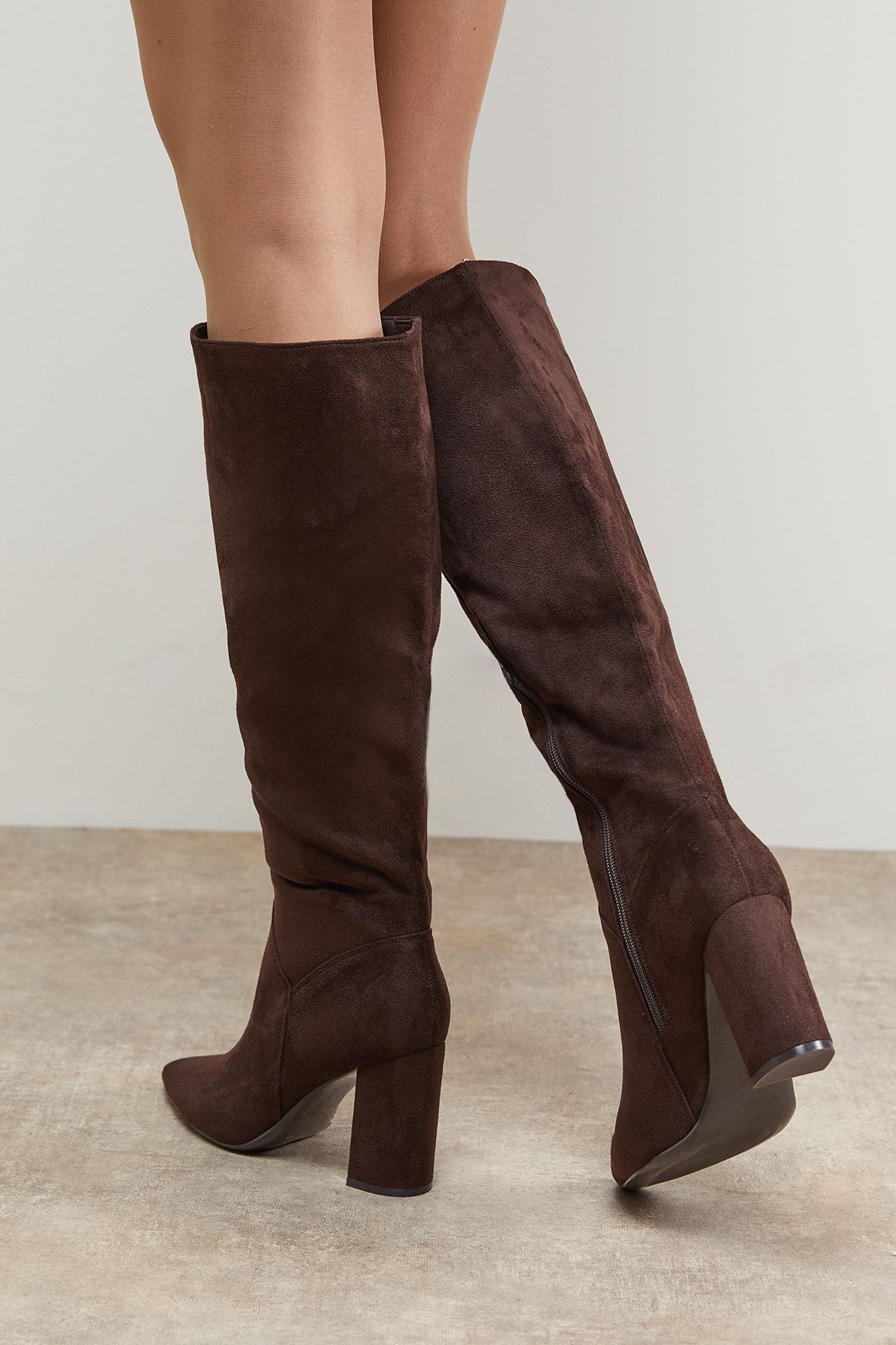 Oasis Jemima Faux Suede High Block Heel Pointed Knee Boots Chocolate image 3