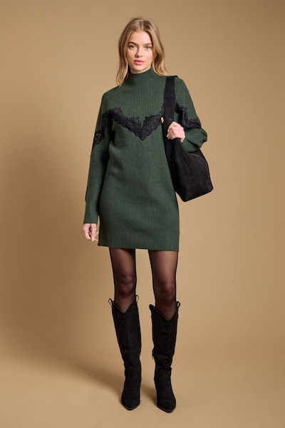 Oasis Contrast Lace Stitch High Neck Knitted Mini Dress Khaki