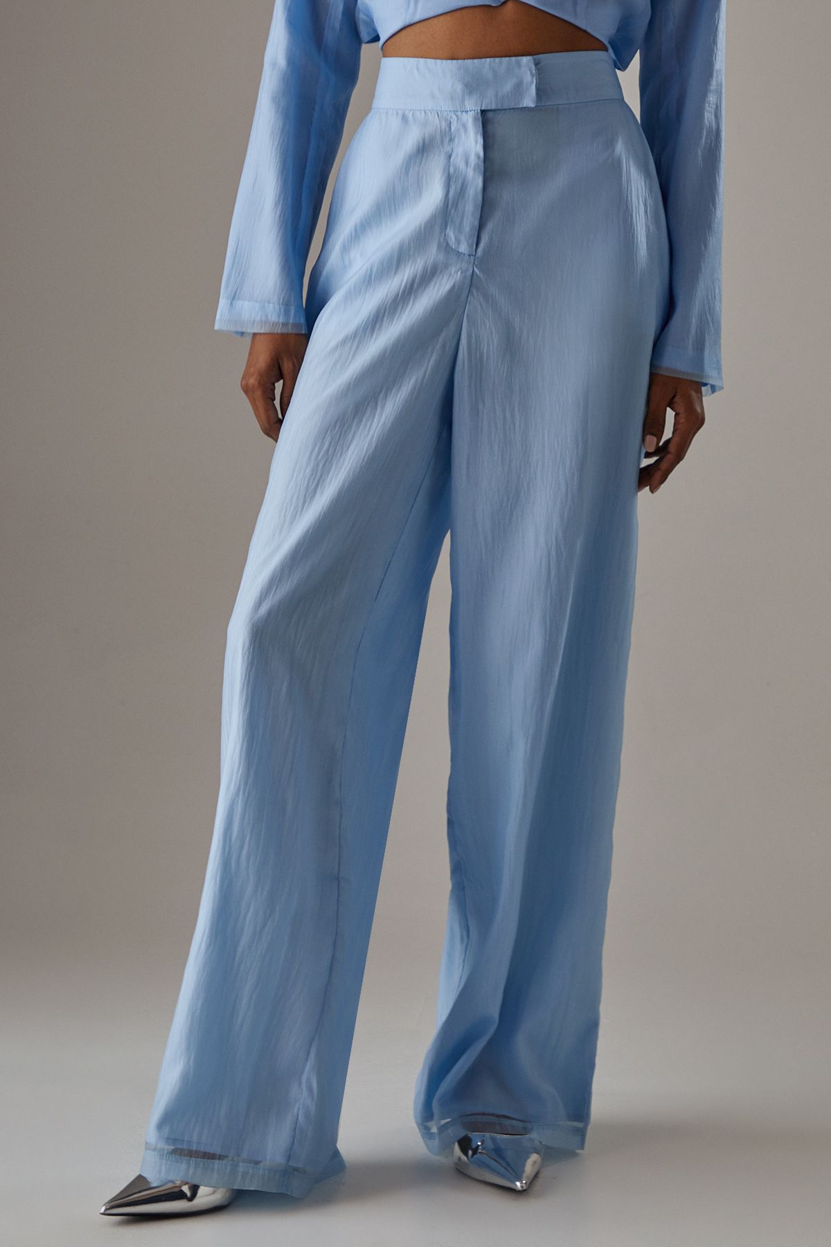 Warehouse Organza High Waisted Wide Leg Trousers True Blue image 1