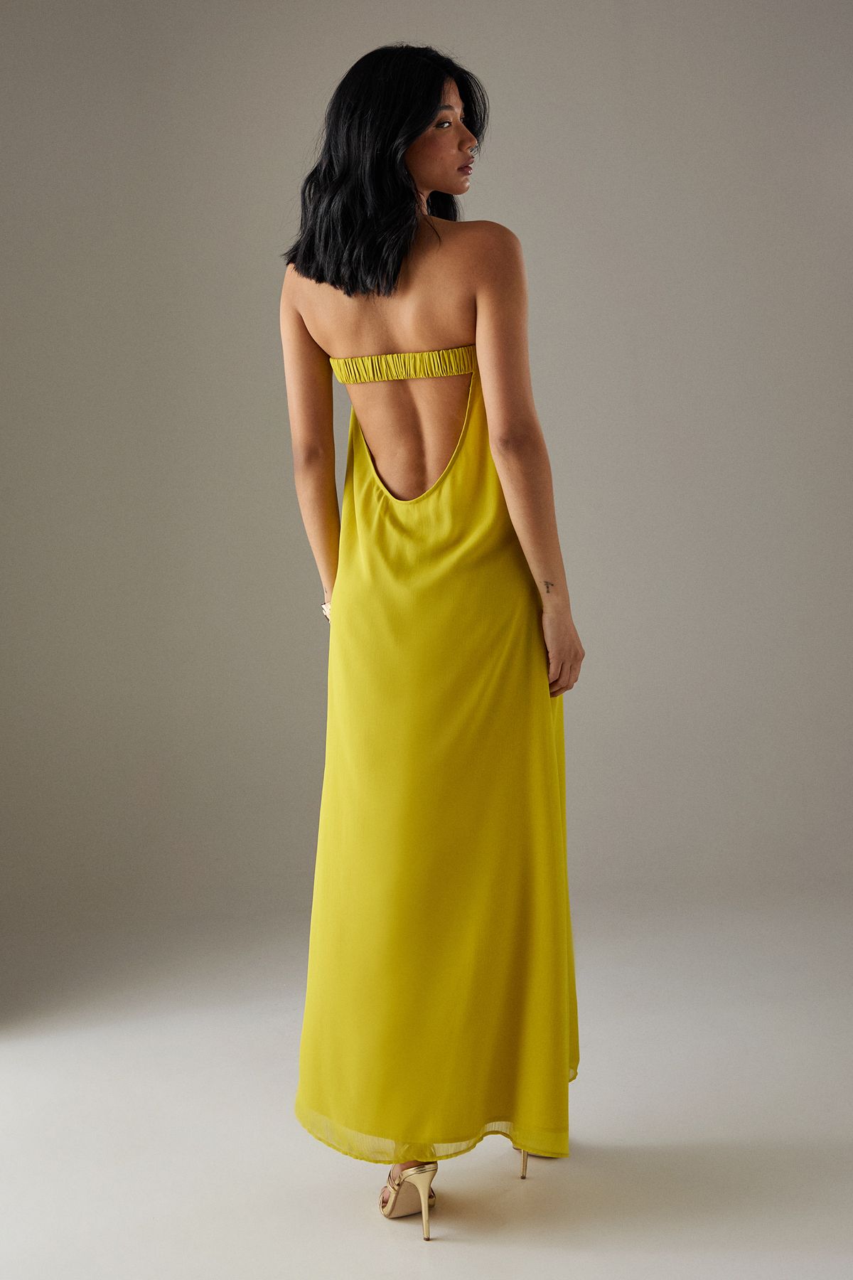Warehouse Yoryu Chiffon Elasticated Back Bandeau Maxi Dress Chartreuse image 4