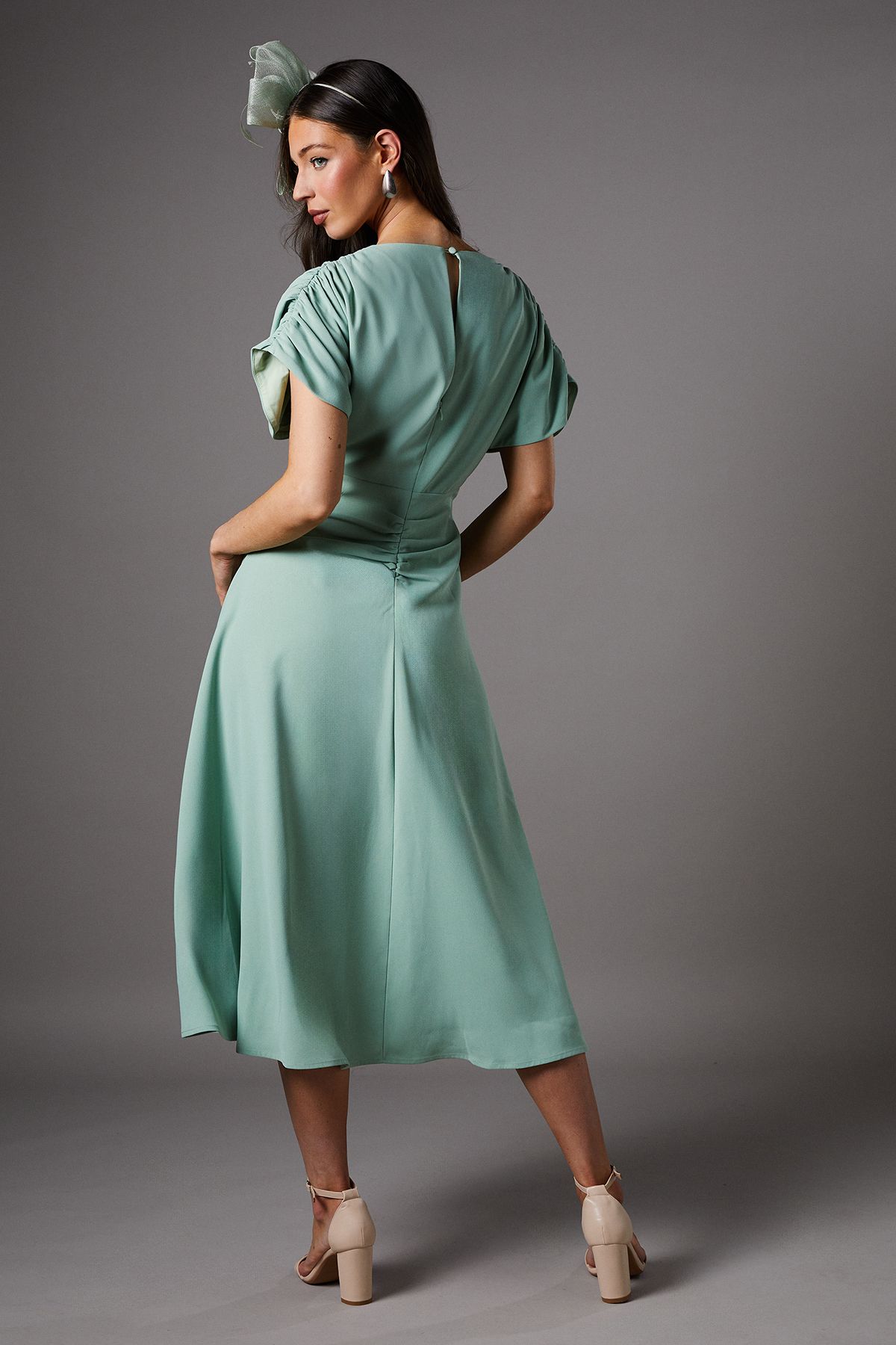 Coast Ruched Sleeve V Neck Midi Dress Sage image 4