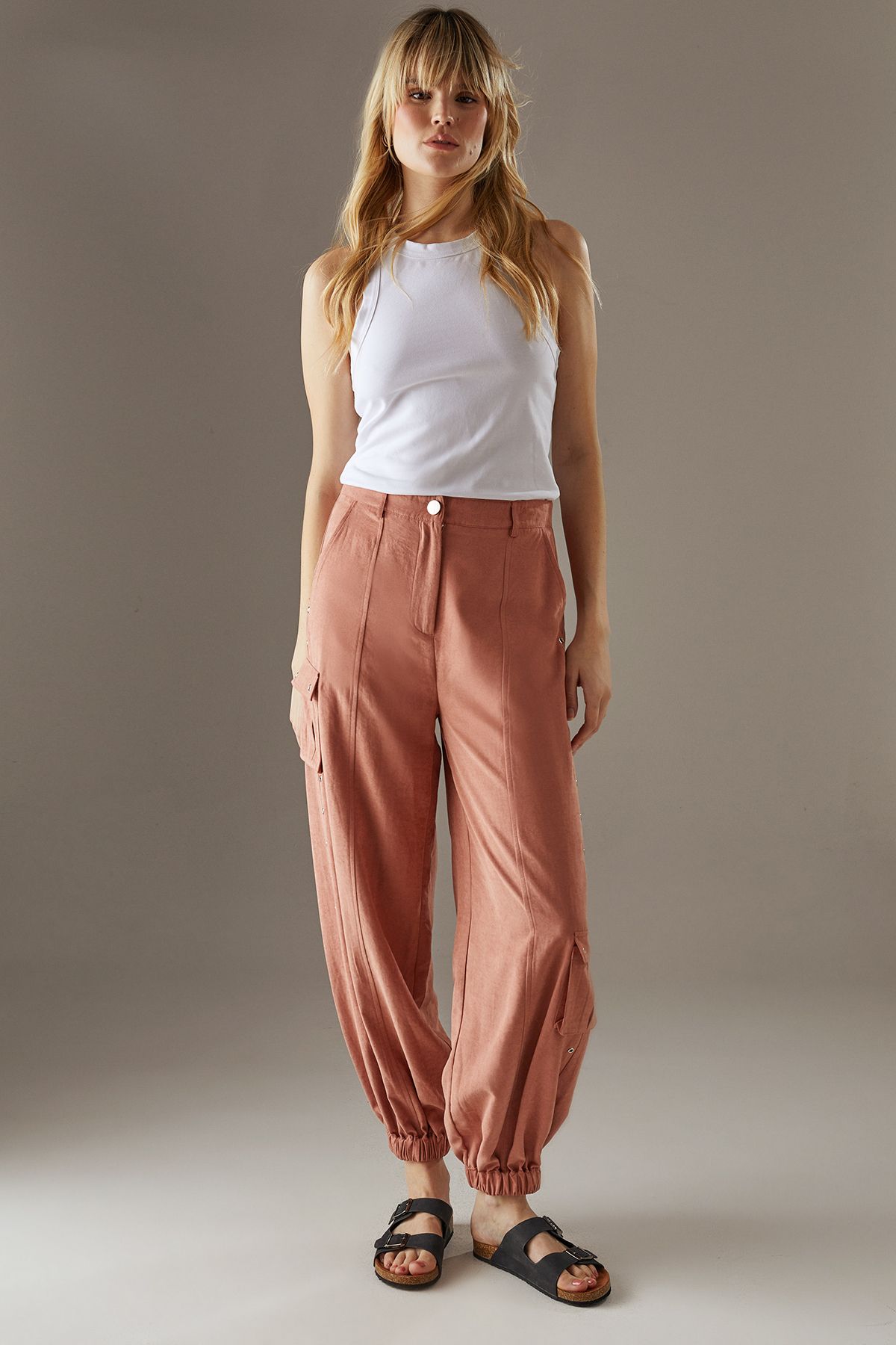 Warehouse Peach Satin Utility Eyelet Detail Cuffed Trousers Rust image 2