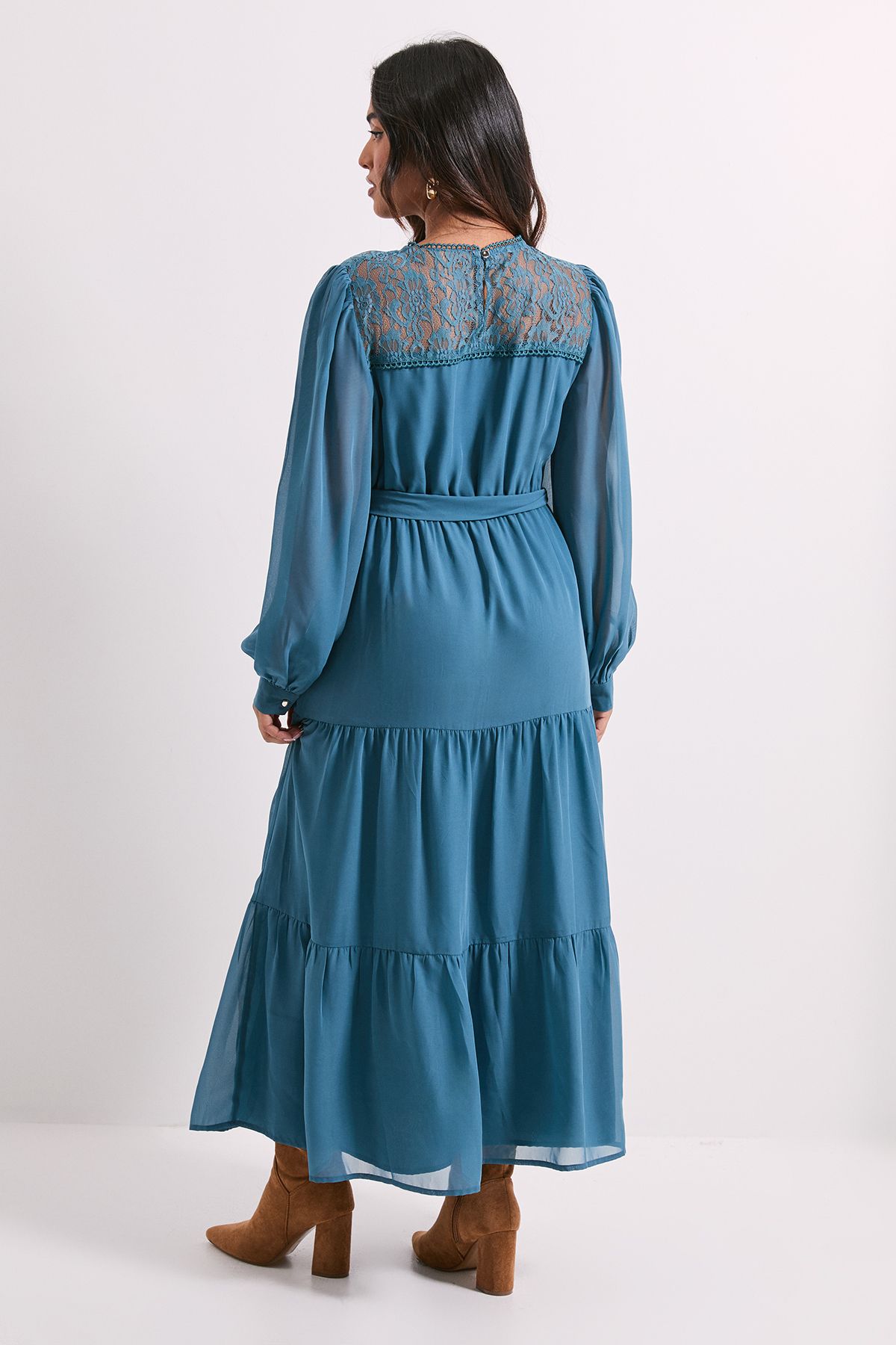 Dorothy Perkins Petite Lace Yoke Blouson Sleeve Tiered Midaxi Dress Blue image 3