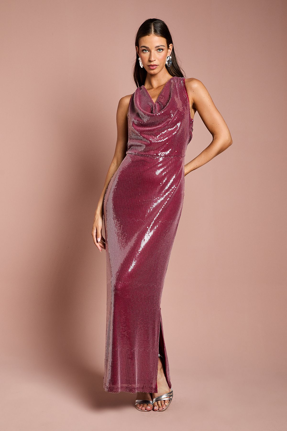 Coast Coast Muse Cowl Front Halter Sequin Maxi Dress Plum image 1