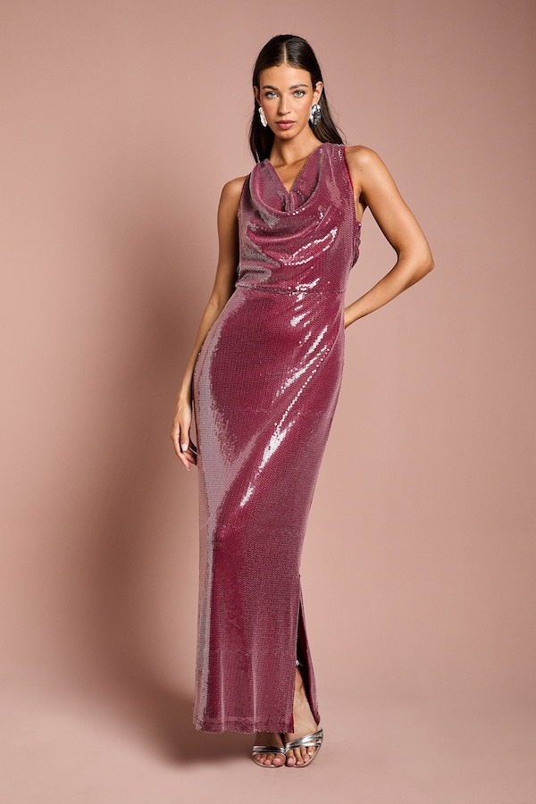 Coast Coast Muse Cowl Front Halter Sequin Maxi Dress Plum