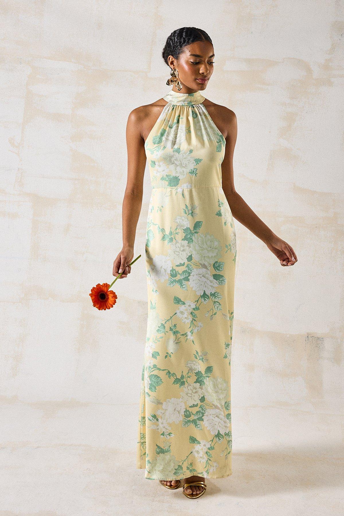 Coast Dahlia Printed Satin Halterneck Bridesmaid Dress Lemon image 1