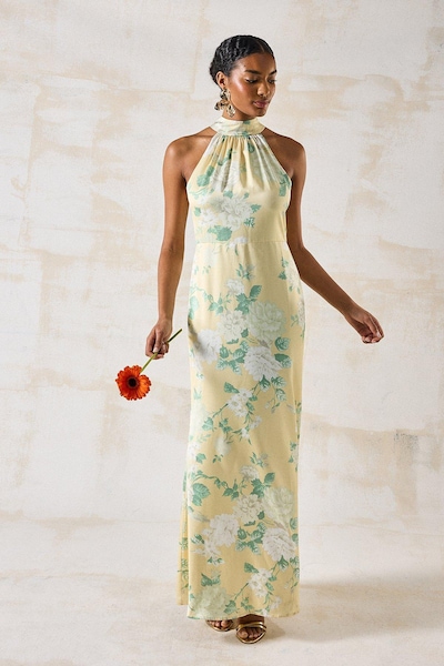 Coast Dahlia Printed Satin Halterneck Bridesmaid Dress Lemon