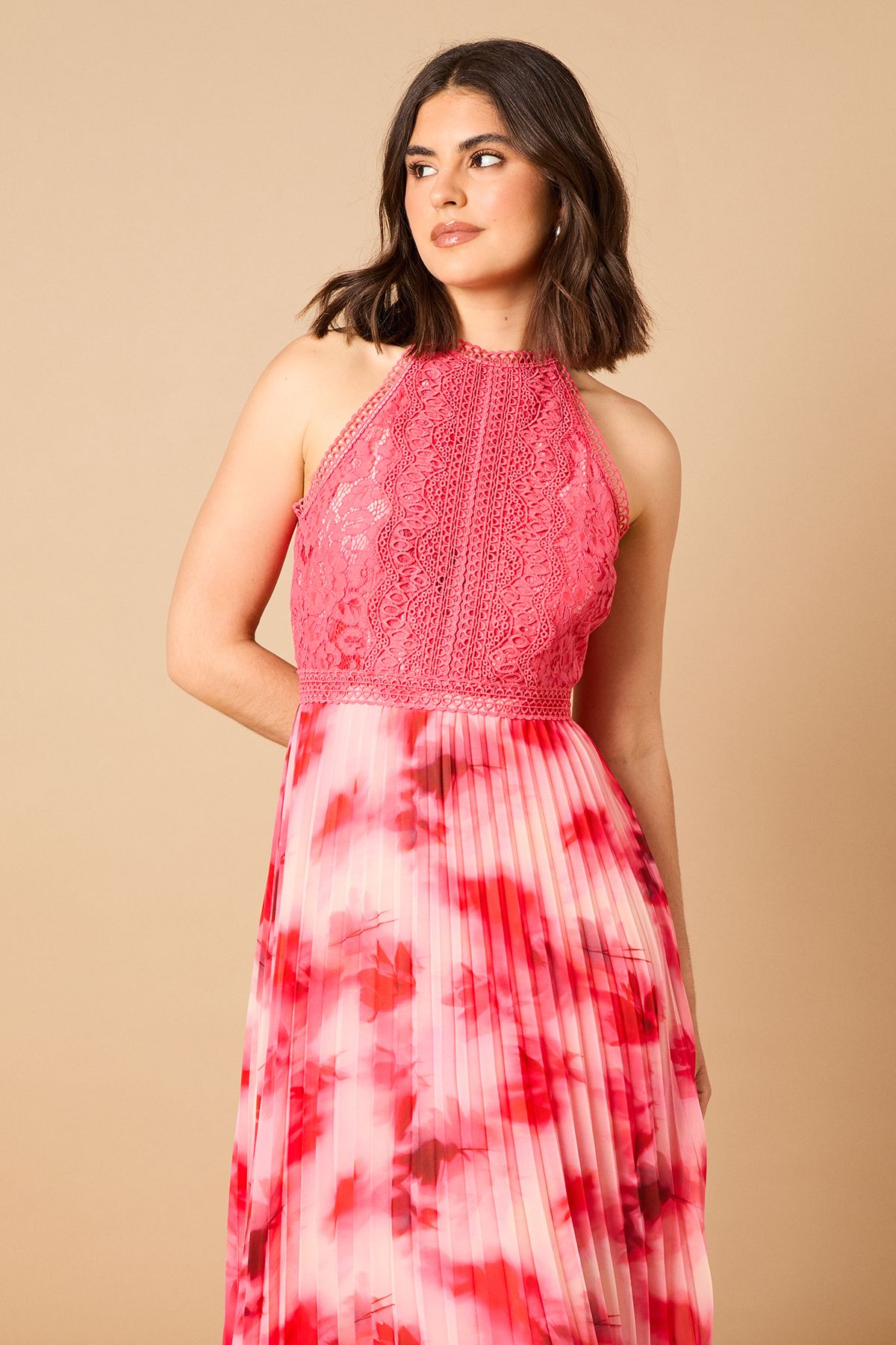 Oasis Printed Lace Mix Halterneck Midi Dress Multi image 2