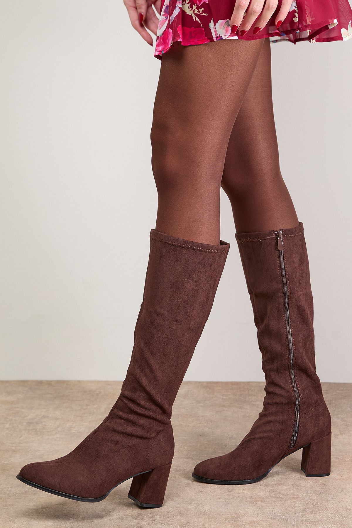 Oasis Rylee Faux Suede High Block Heel Sock Knee Boots Brown image 1