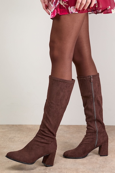 Oasis Rylee Faux Suede High Block Heel Sock Knee Boots Brown