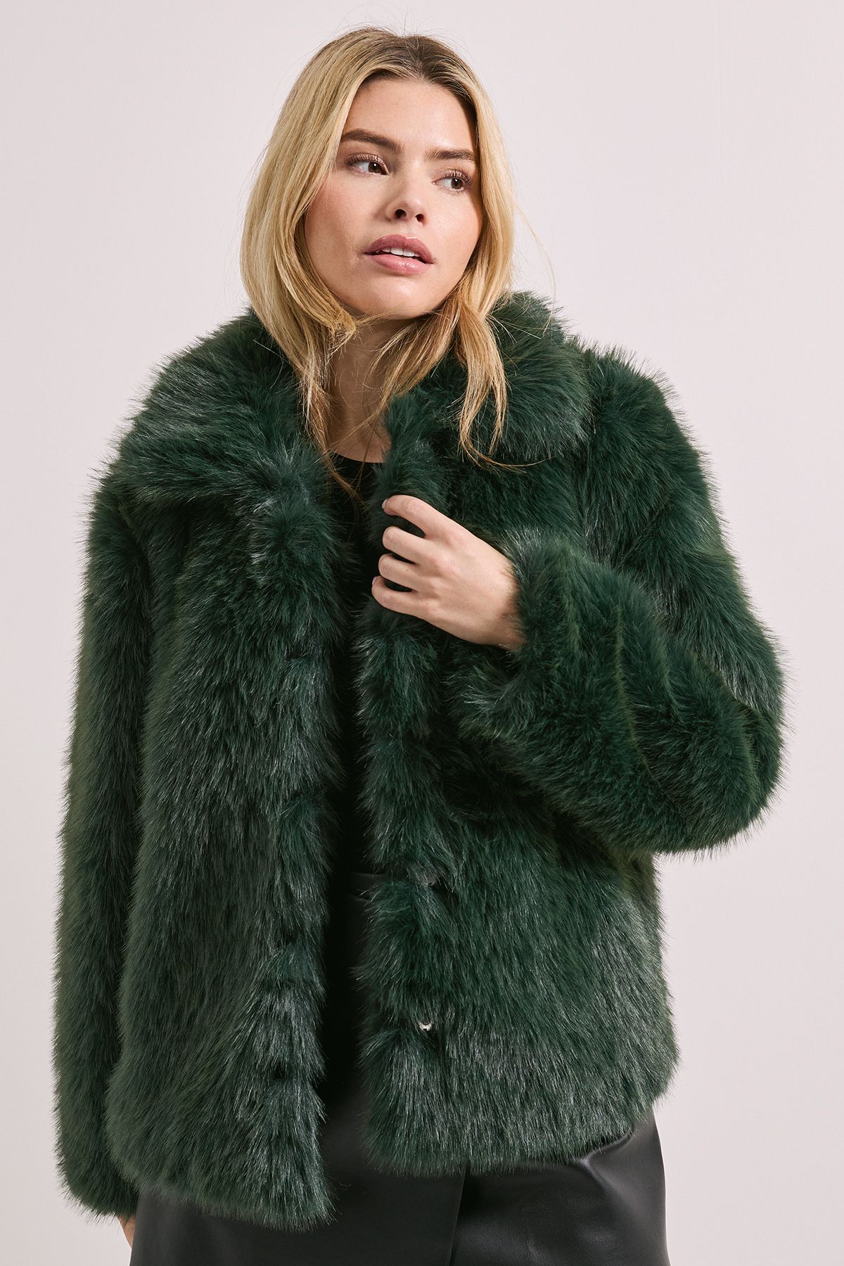 Dorothy Perkins Faux Fur Coat Dark Green image 1