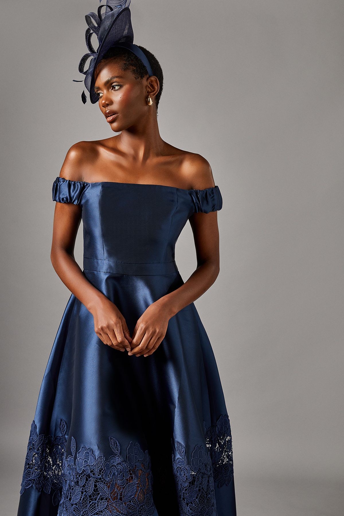 Coast Bardot Twill Midi Dress With Lace Trim Navy image 2