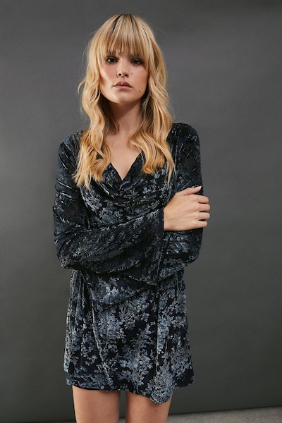 Warehouse Mesh Velvet Burnout Cowl Neck Mini Dress Navy