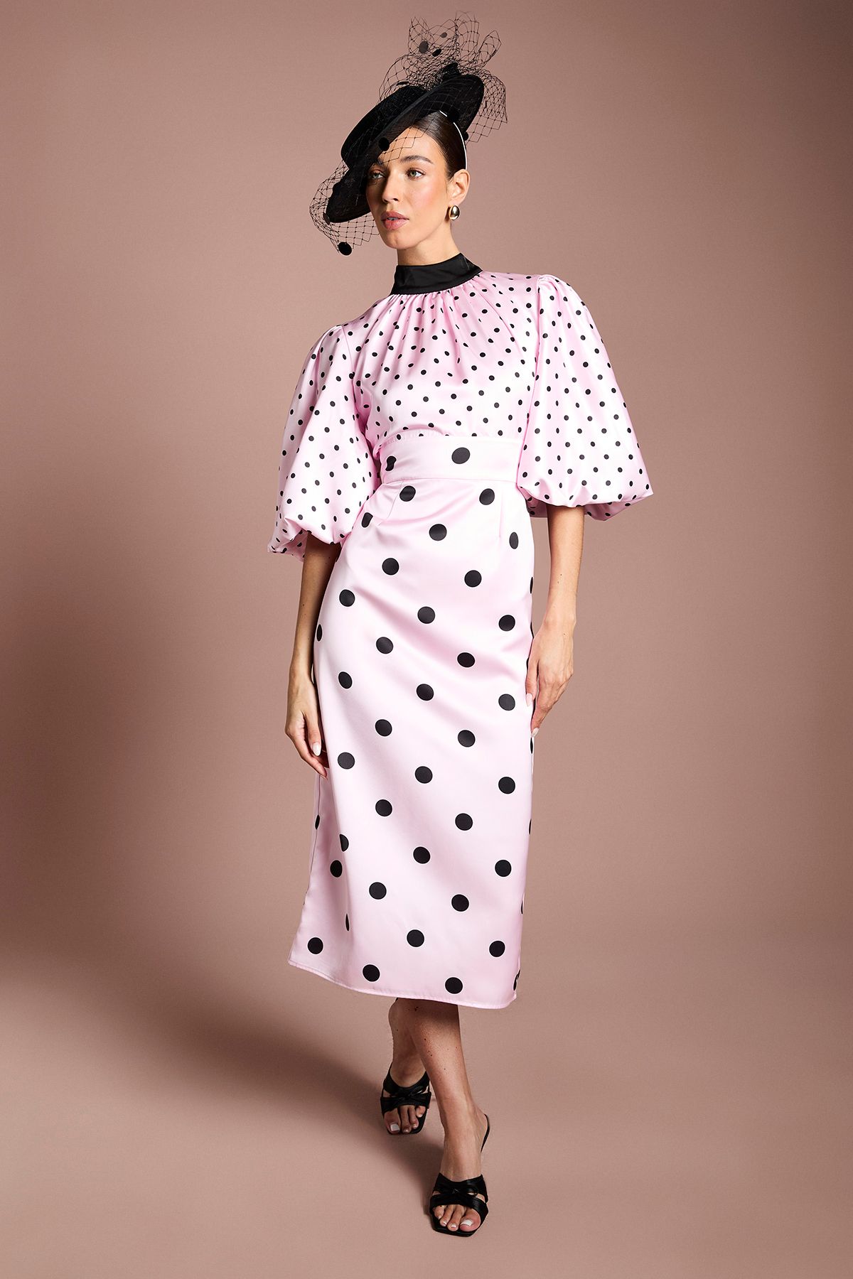 Coast Lisa Tan Puff Sleeve High Neck Spot Satin Midi Dress Pink