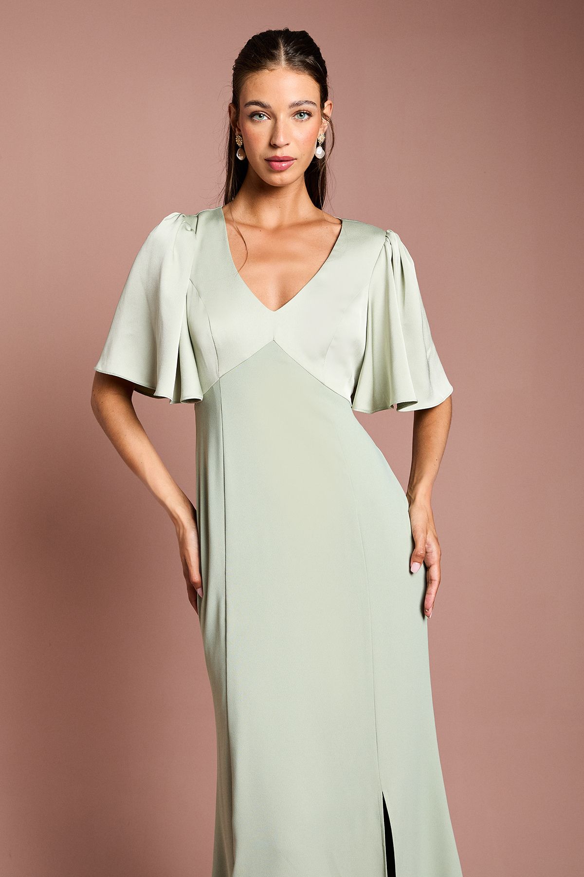 Coast Contrast Satin Angel Sleeve Open Back Bridesmaid Dress Sage image 2