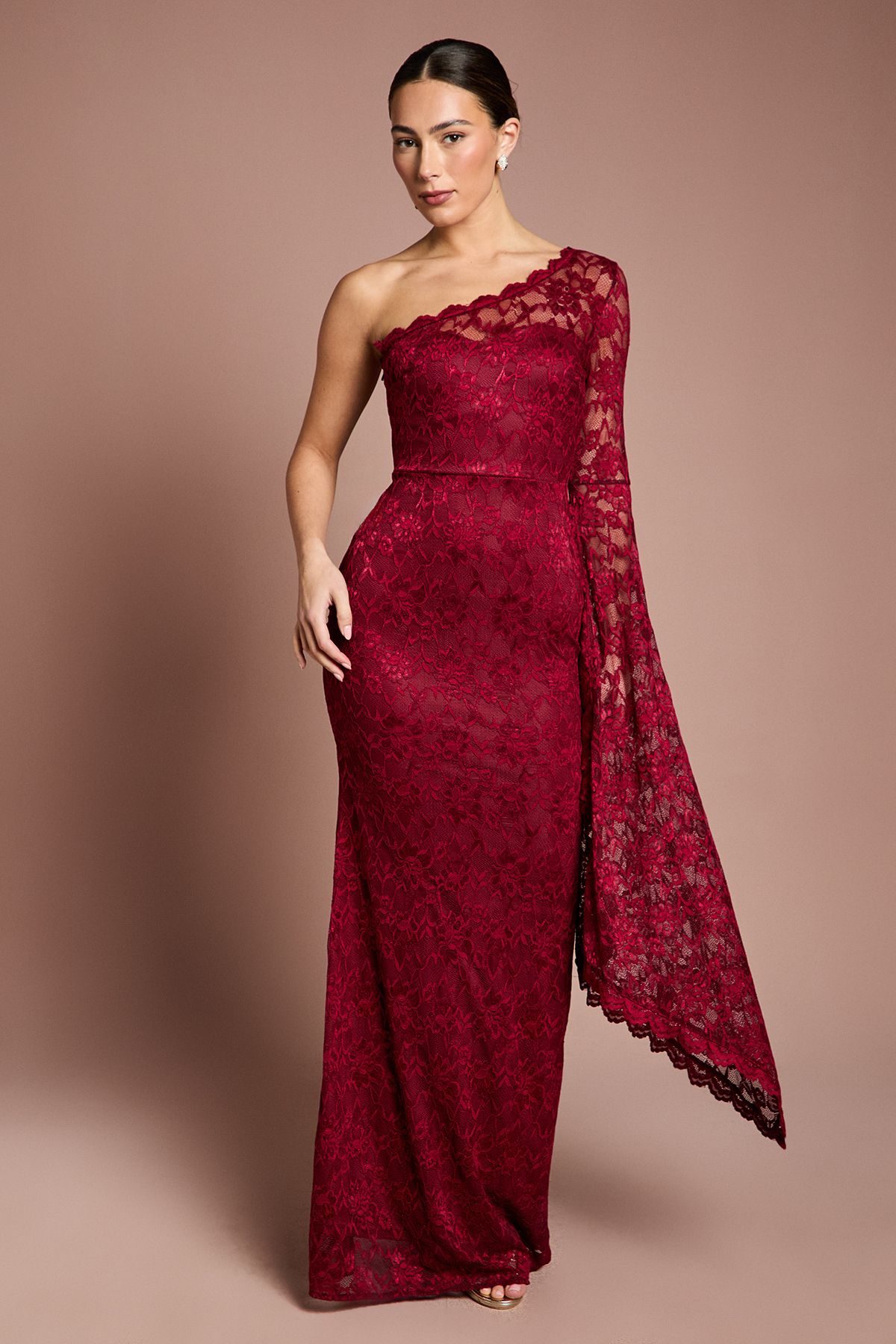 Coast One Shoulder Cap Detail Lace Maxi Dress Wine