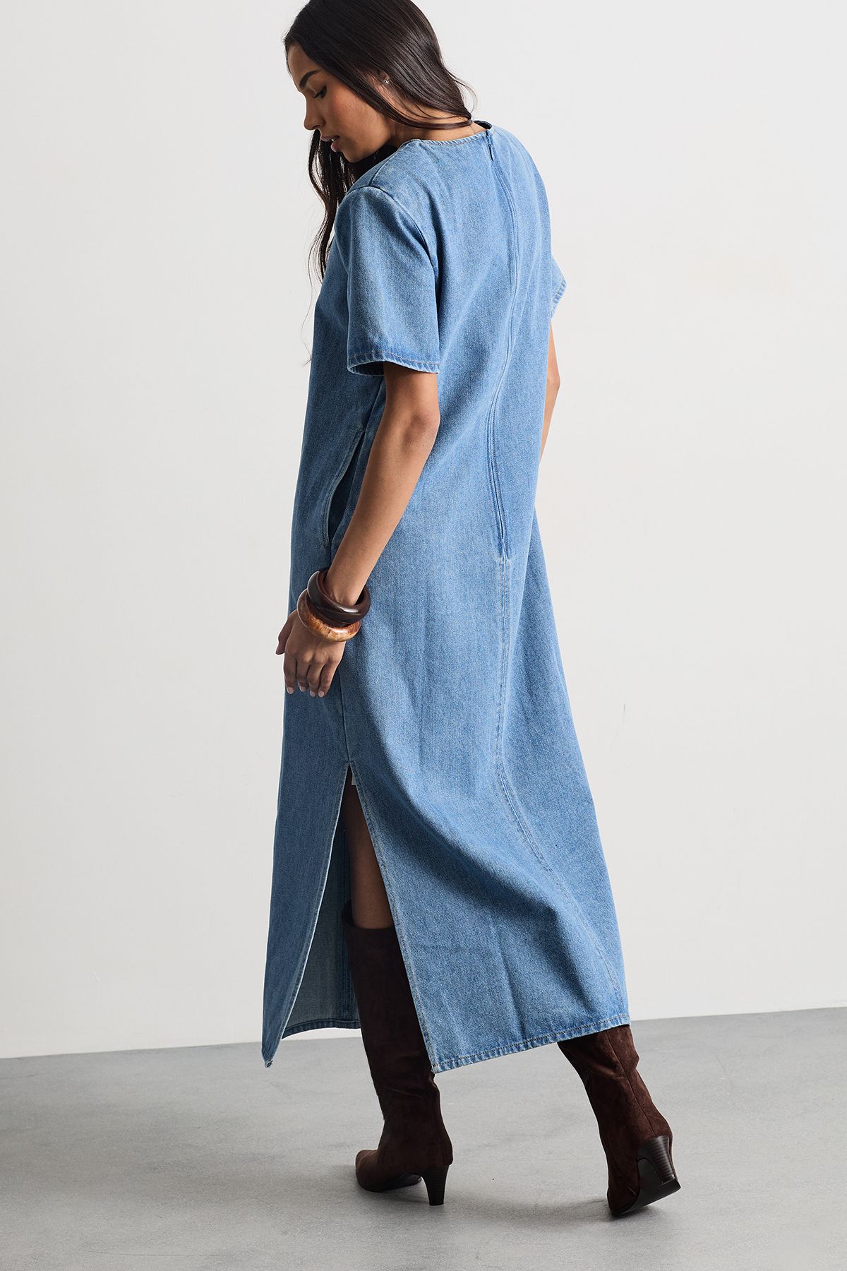 Warehouse Denim Side Split Midi Dress Mid Wash image 3