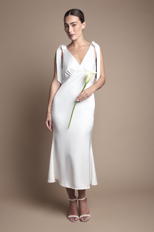 Coast Satin Back Crepe Tie Shoulder Midi Wedding Dress Ivory