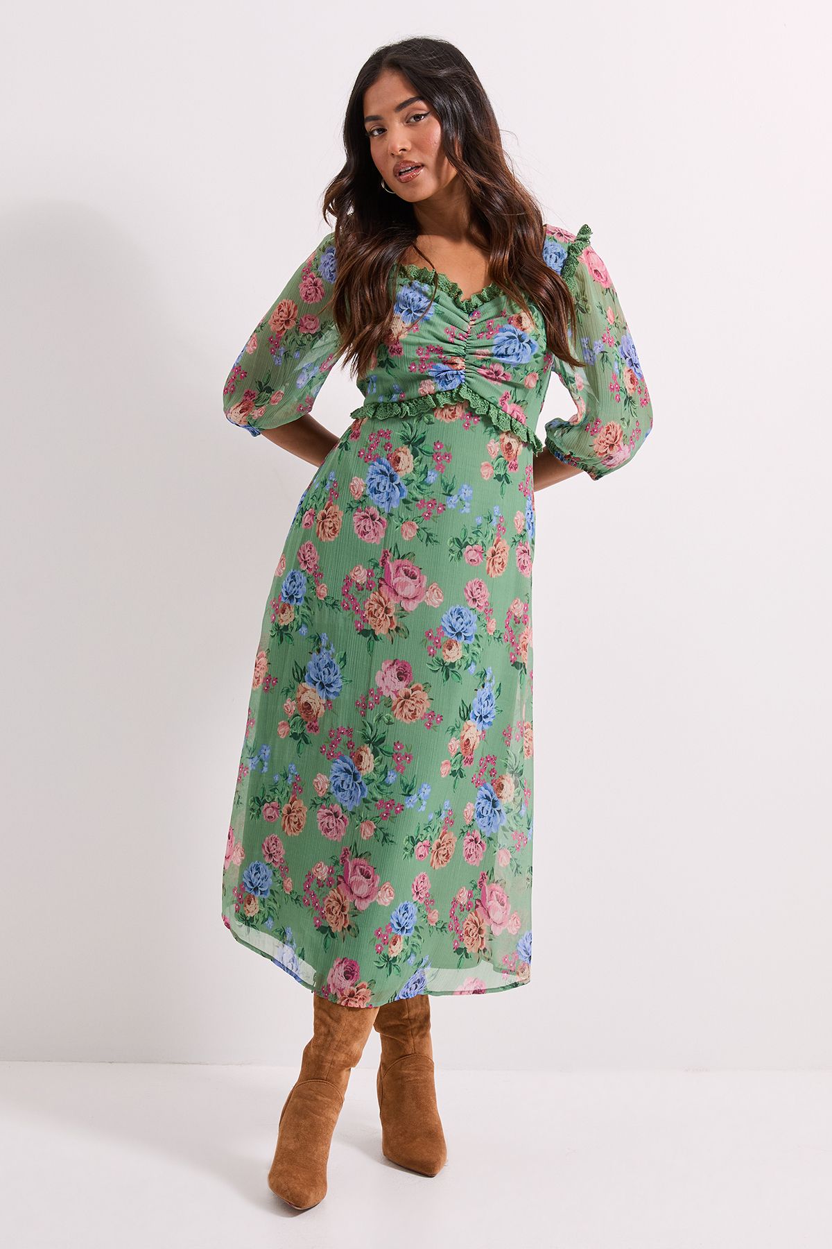 Dorothy Perkins Petite Floral Printed Lace Trim Blouson Sleeve Midi Dress Floral image 1