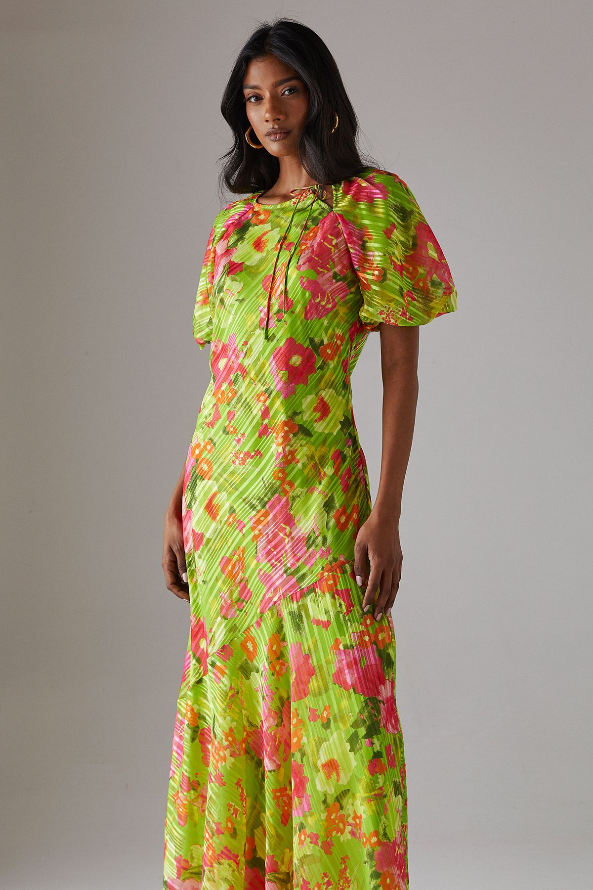 Warehouse Shadow Stripe Tie Neck Bias Midi Dress Floral image 4