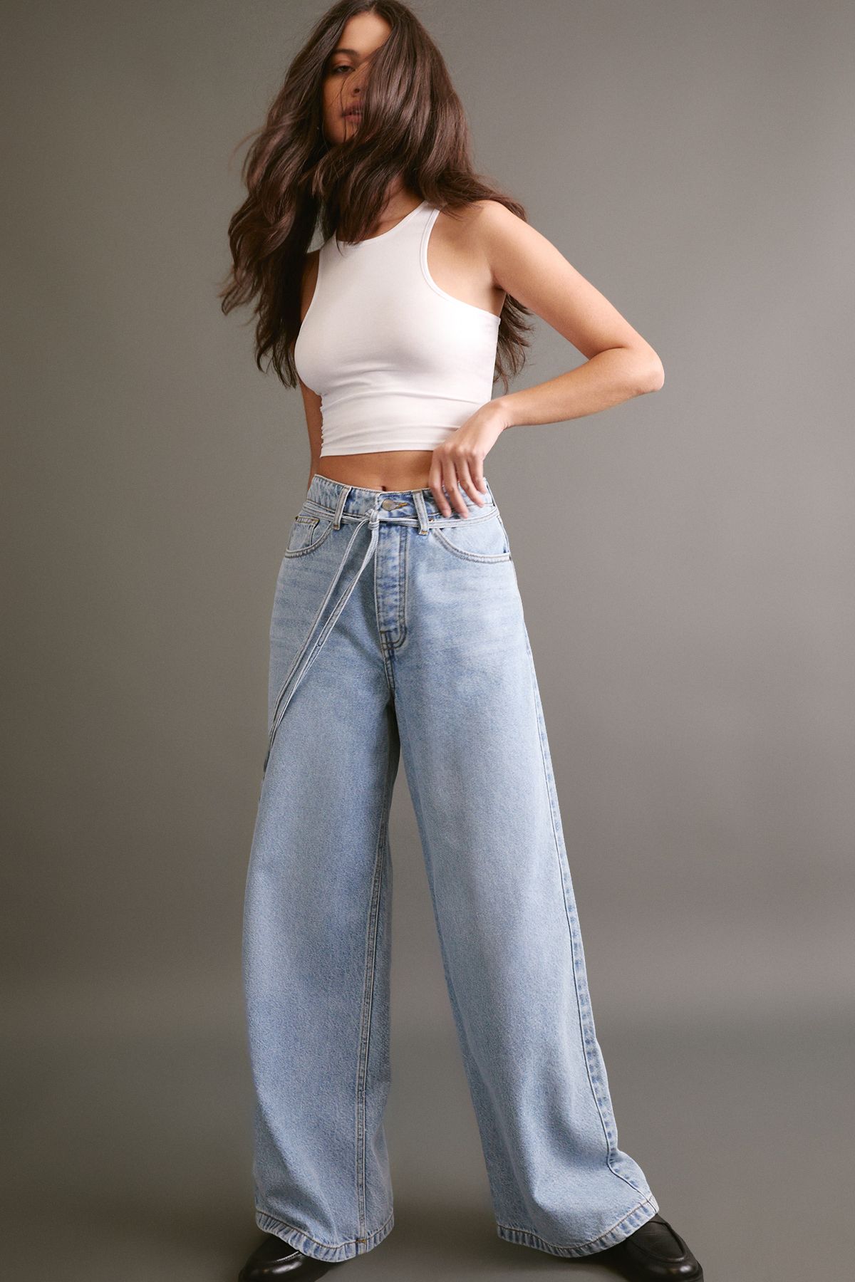 NastyGal The Belted Wide Leg Jeans Vintage Wash image 1