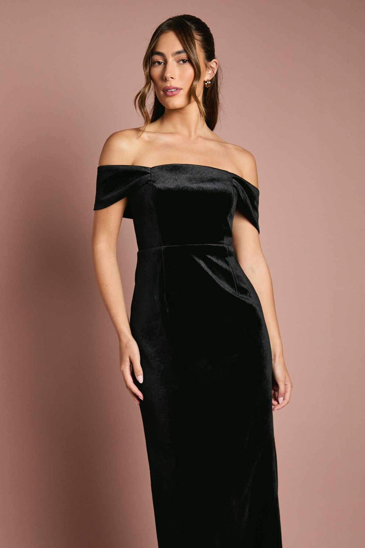 Coast Velvet Bardot Column Bridesmaid Maxi Dress Black image 4