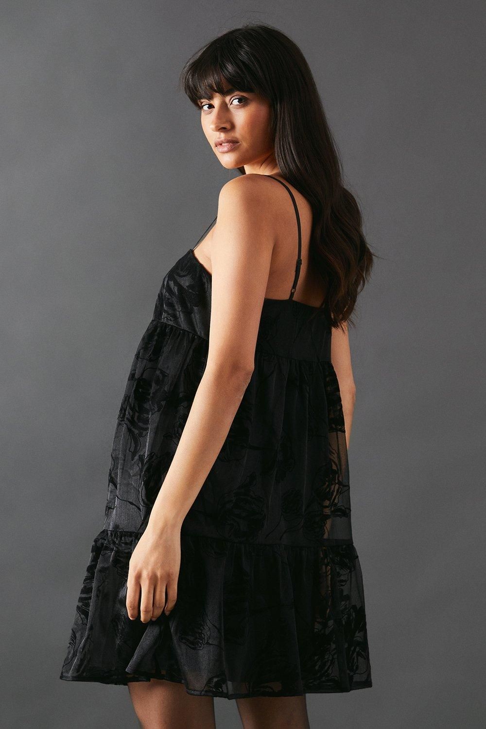 Warehouse Rose Organza Strappy Cami Mini Smock Dress Black image 3
