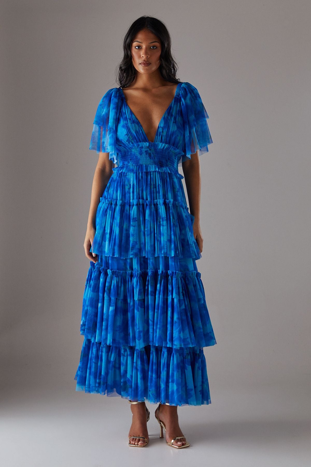 Warehouse Tulle Floral Plunge Neck Flutter Sleeve Tier Maxi Dress Blue image 1