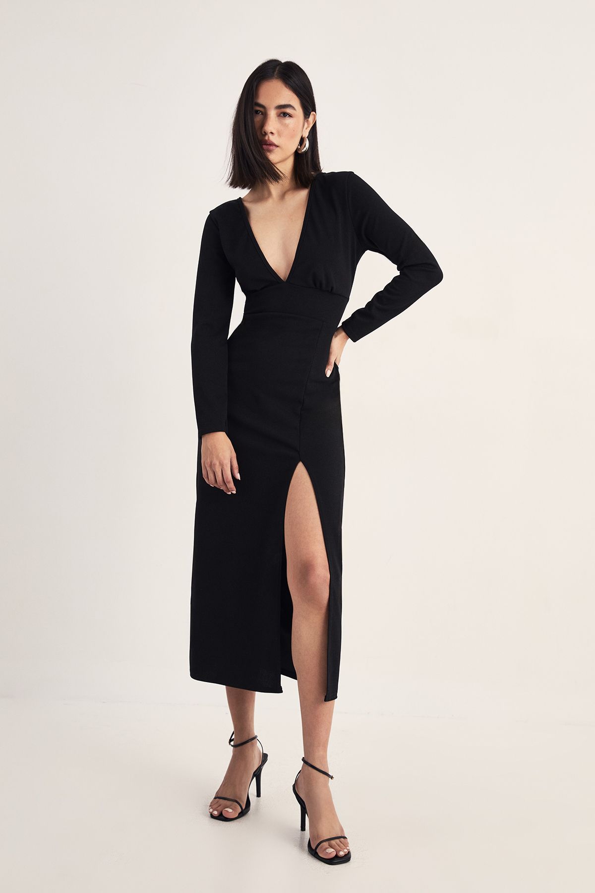 NastyGal Plunging V-Neckline Split Long Sleeve Midi Dress Black image 1