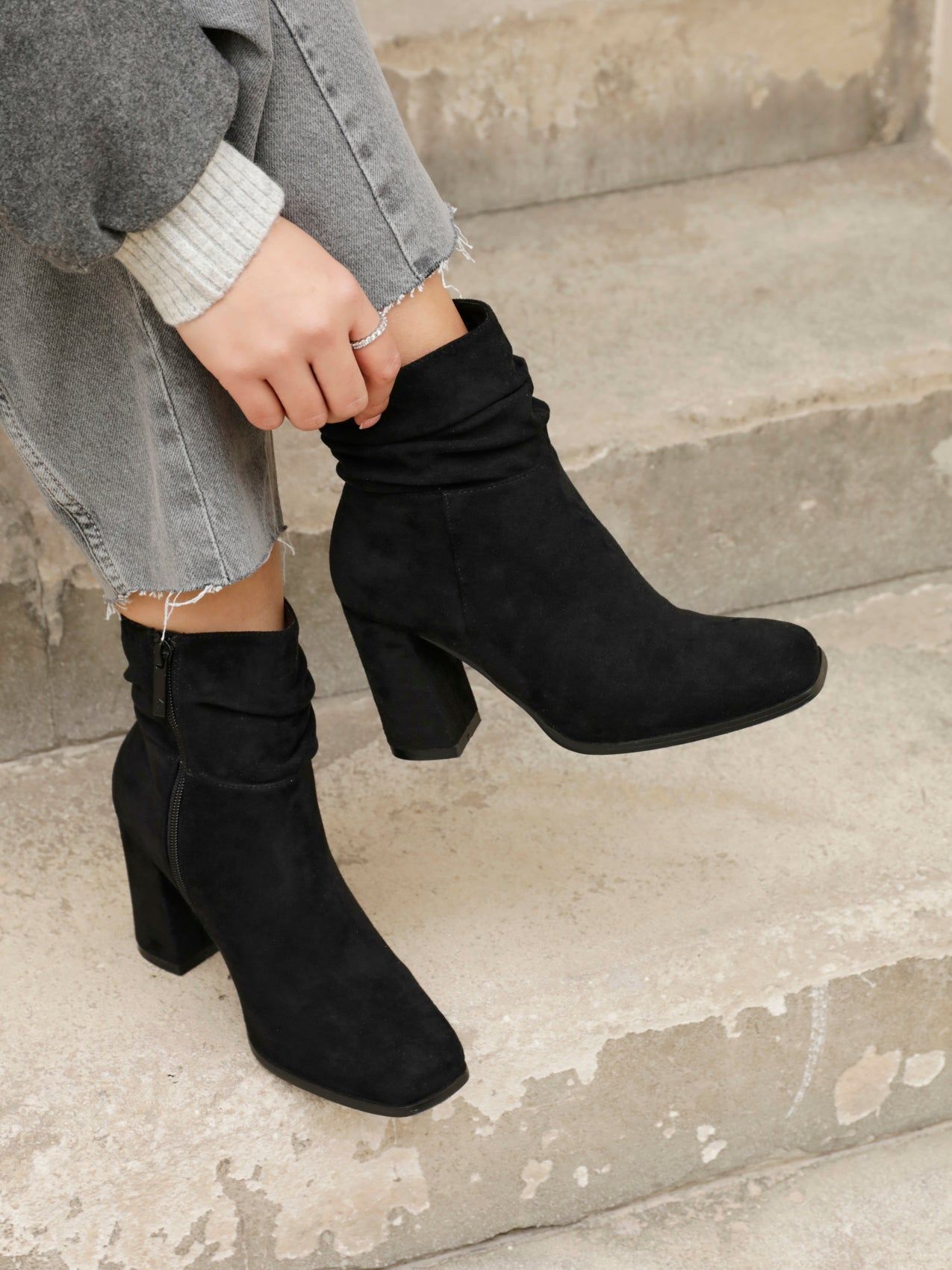Linzi Mila Black Faux Suede Ruched Square Toe Block Heeled Ankle Boot image 6