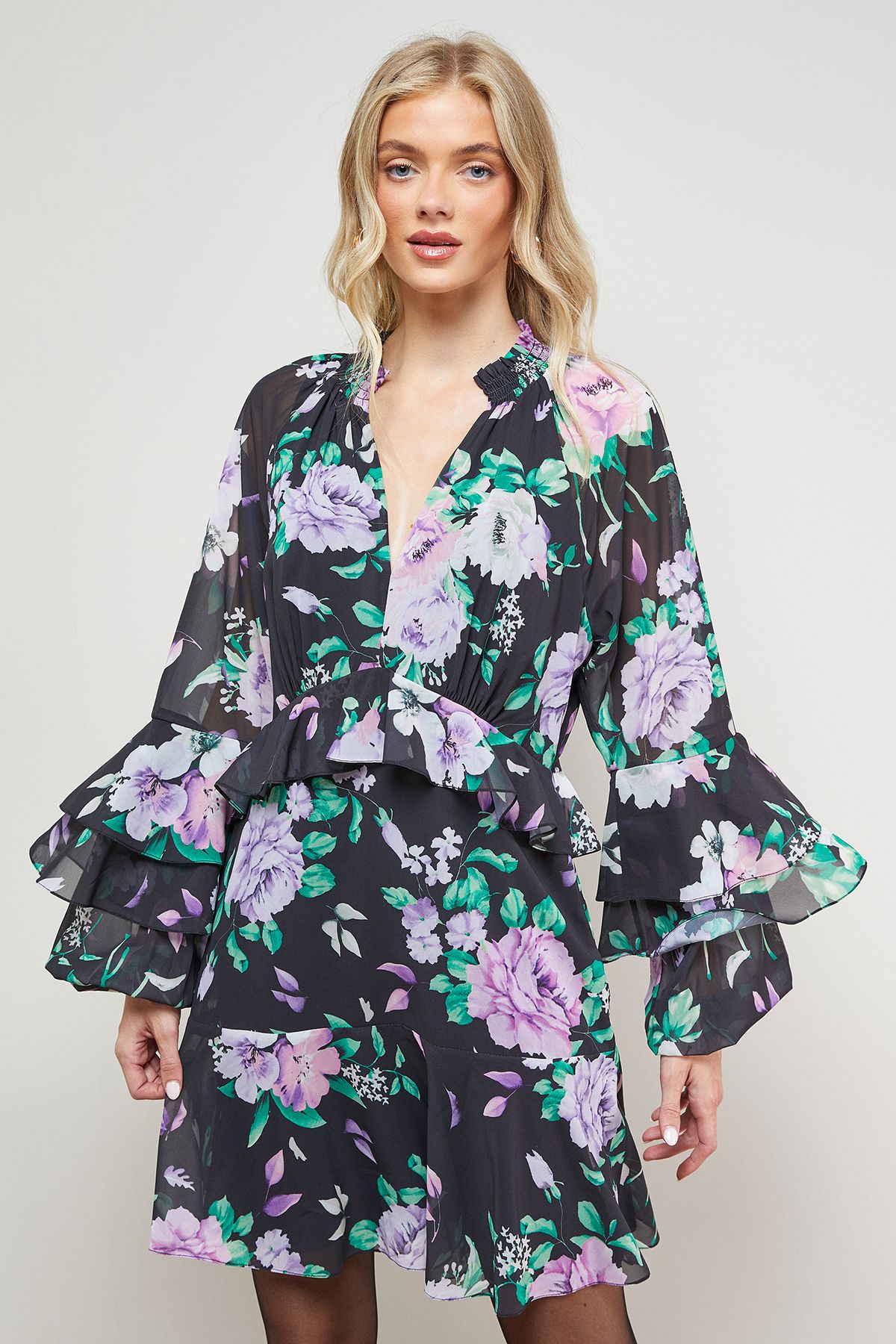 Oasis Printed Fluted Sleeve Ruffle Detail Mini Dress Black image 2