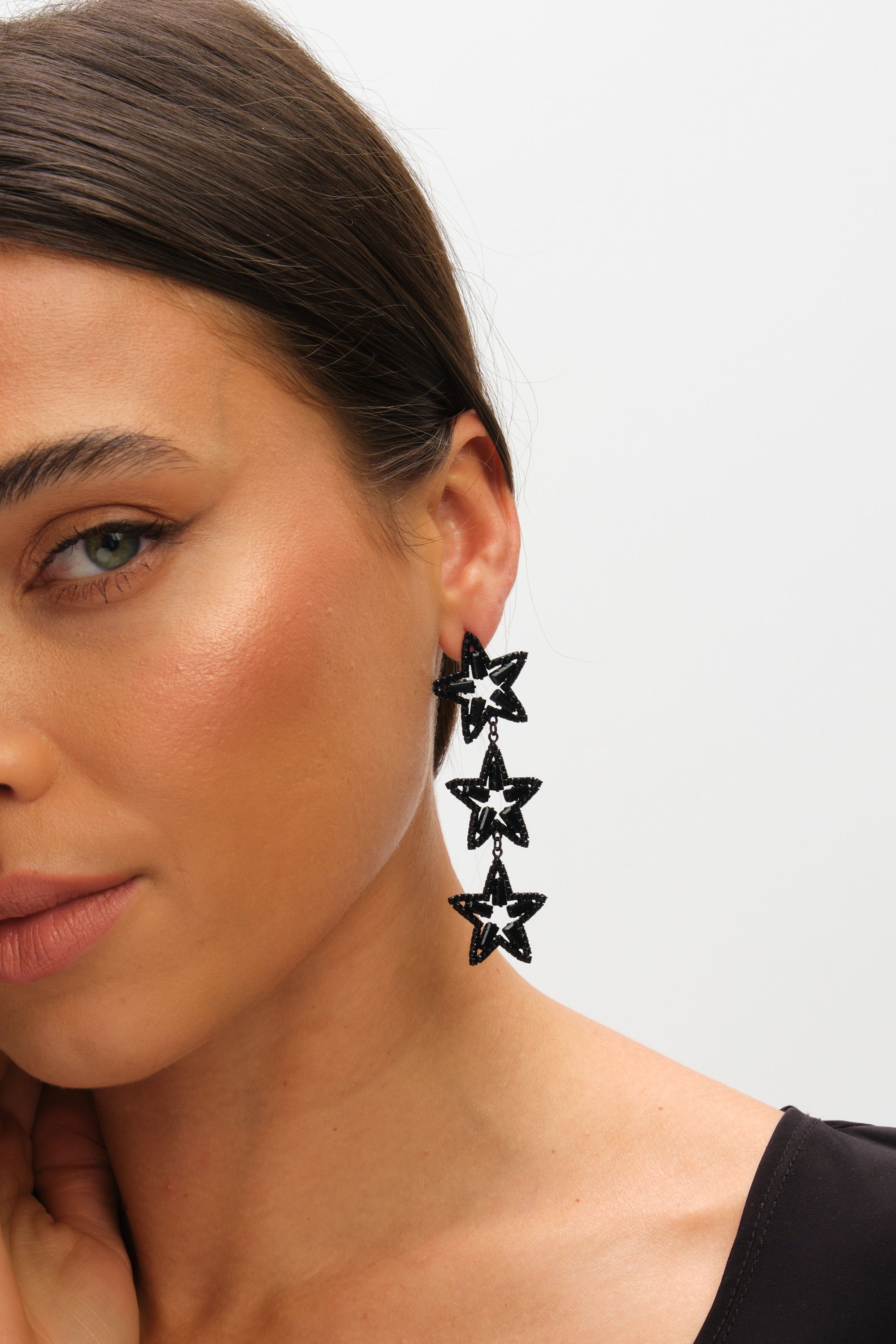 Mood Jet Crystal Triple Star Statement Drop Earrings image 2