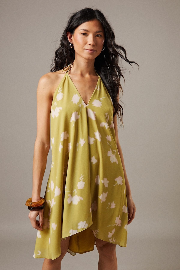 Warehouse Chiffon Halter Mini Sundress Olive