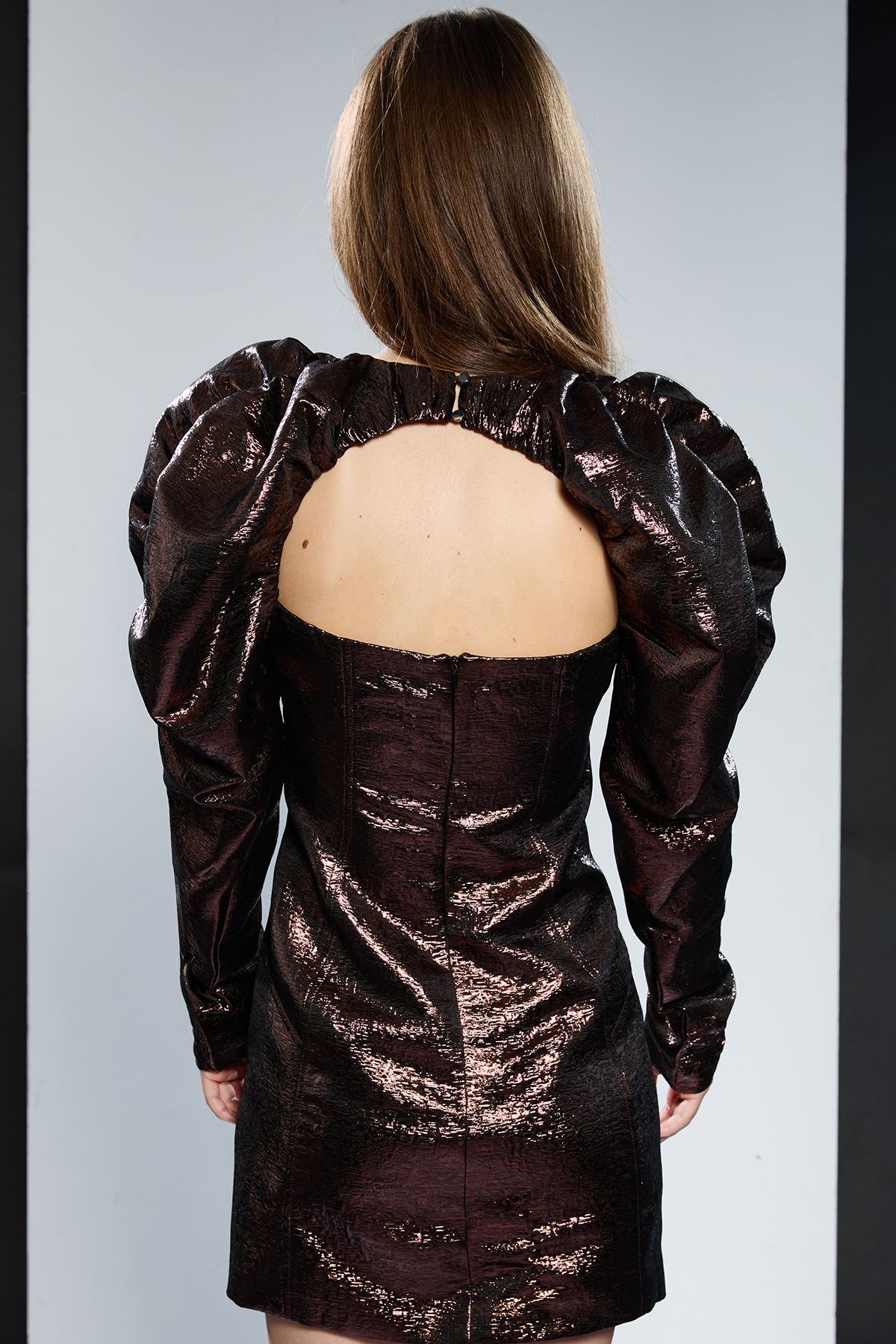 RUNWAY 1.8.1.8 Runway 1.8.18 Ruched Shoulder Metallic Mini Dress Bronze image 3