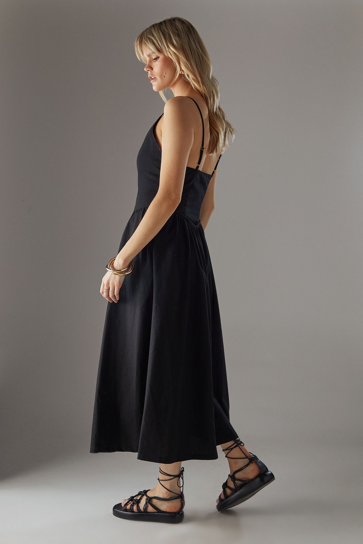 Warehouse Linen Blend Plunge Neck Midi Sundress Black image 4
