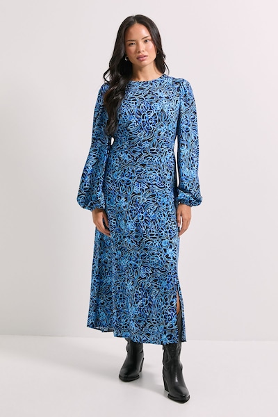 Dorothy Perkins Empire Blue Floral Seam Split Detail Printed Midi Dress Blue