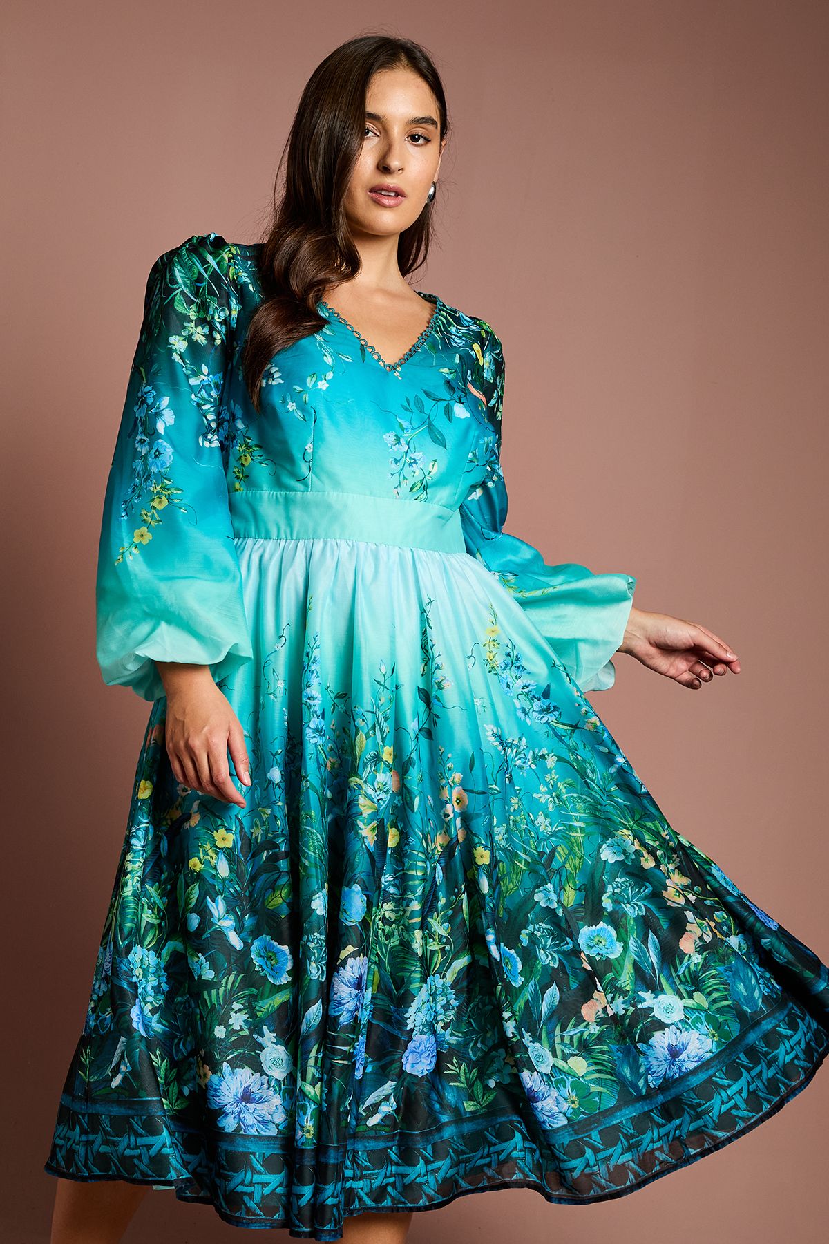 Coast Plus V Neck Long Sleeve Placement Print Organza Midi Dress Teal image 2