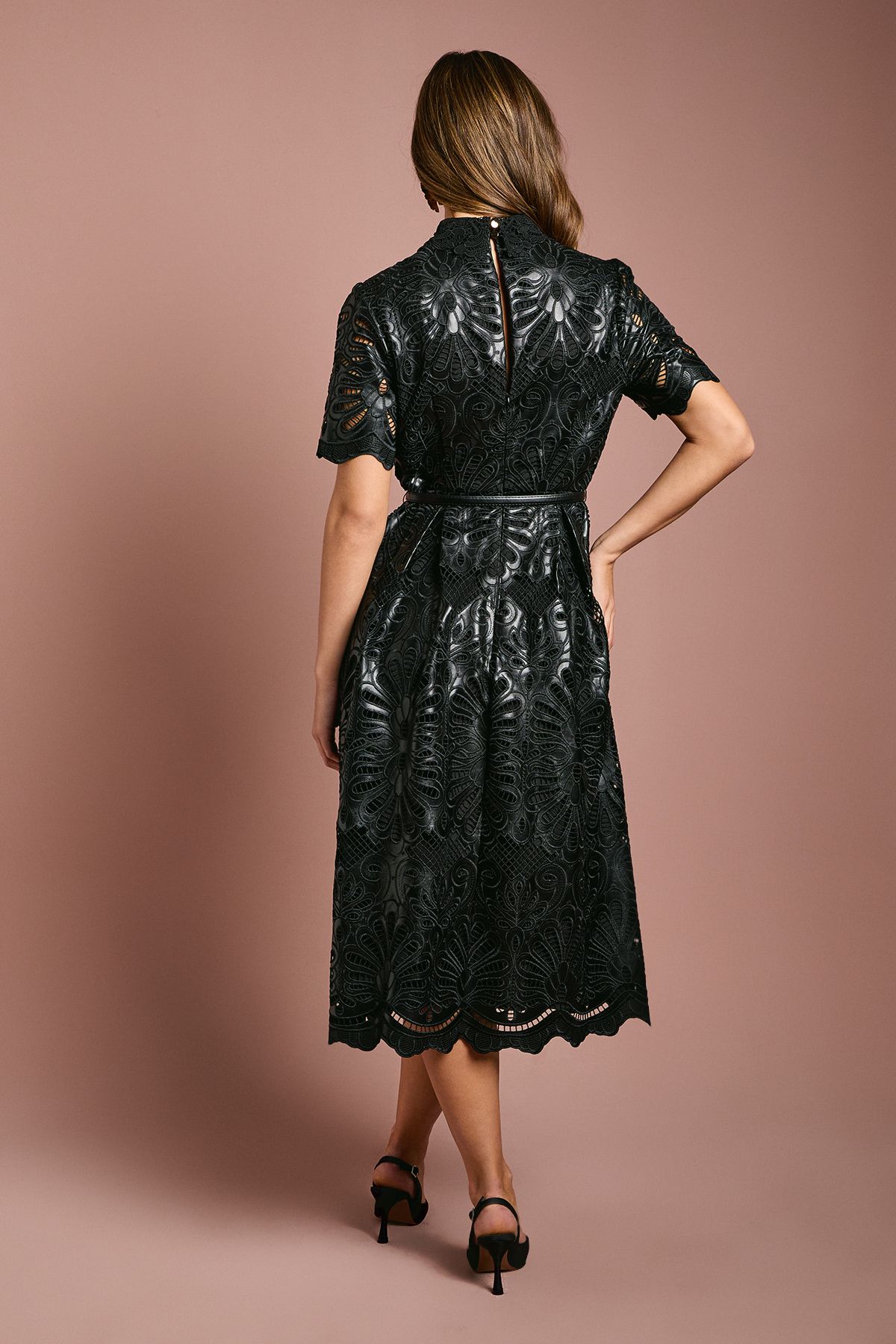 Coast PU Lace Midi Dress With Belt Black image 4