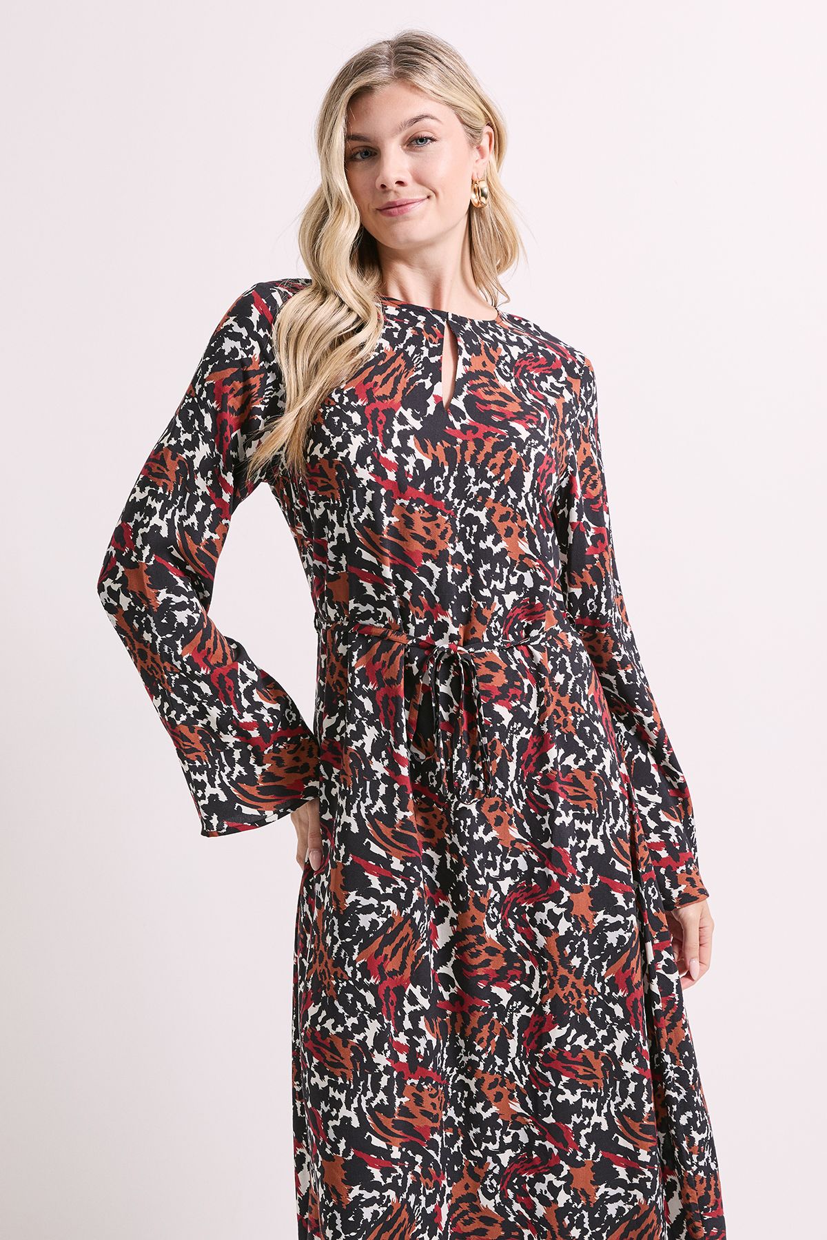 Dorothy Perkins Keyhole Belted Long Sleeve Midi Dress Animal image 2